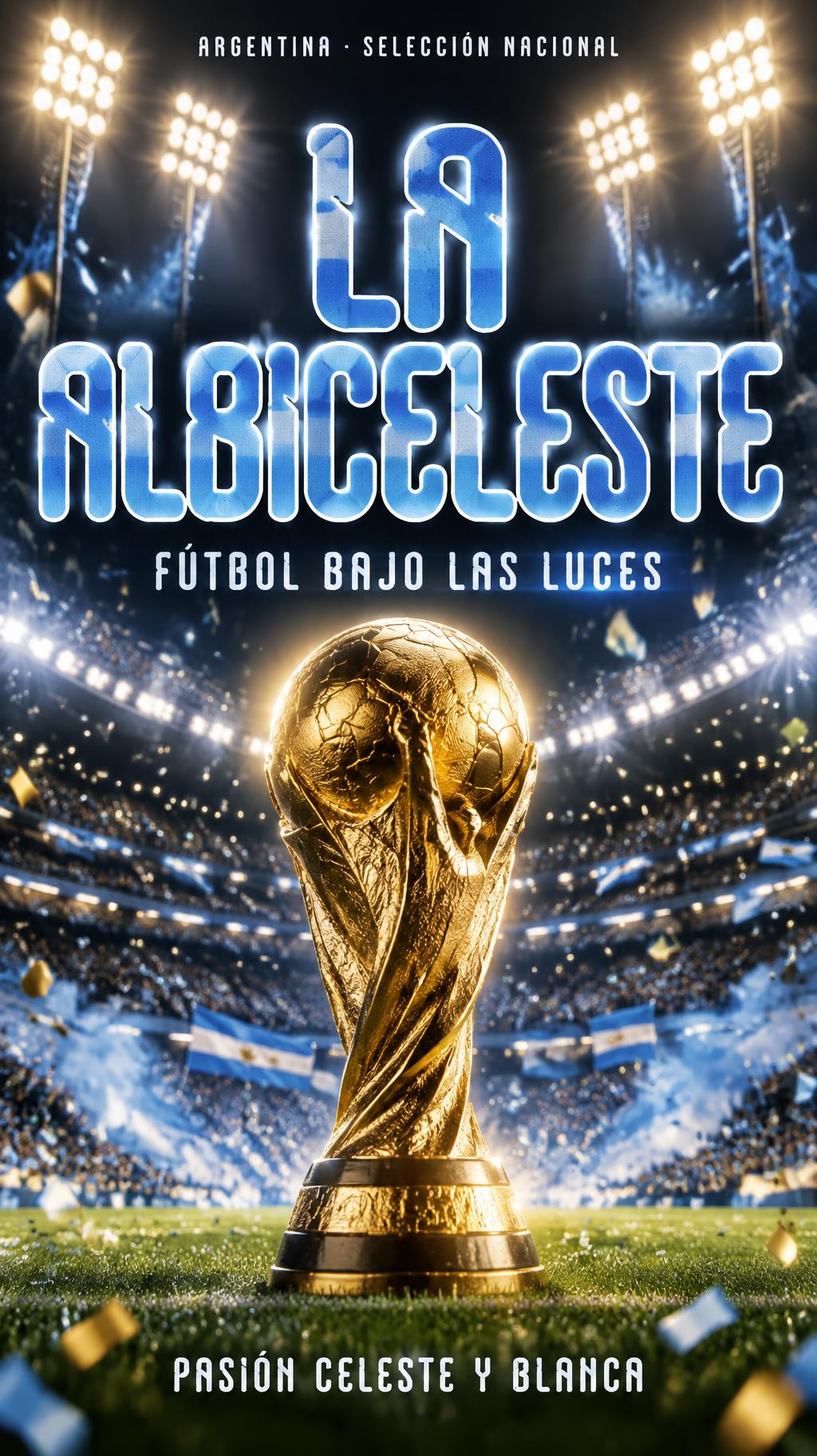"LA ALBICELESTE
ARGENTINA · SELECCIÓN NACIONAL
FÚTBOL BAJO LAS LUCES
PASIÓN CELESTE Y BLANCA" — Sports Football | AI Text Effect Generator
