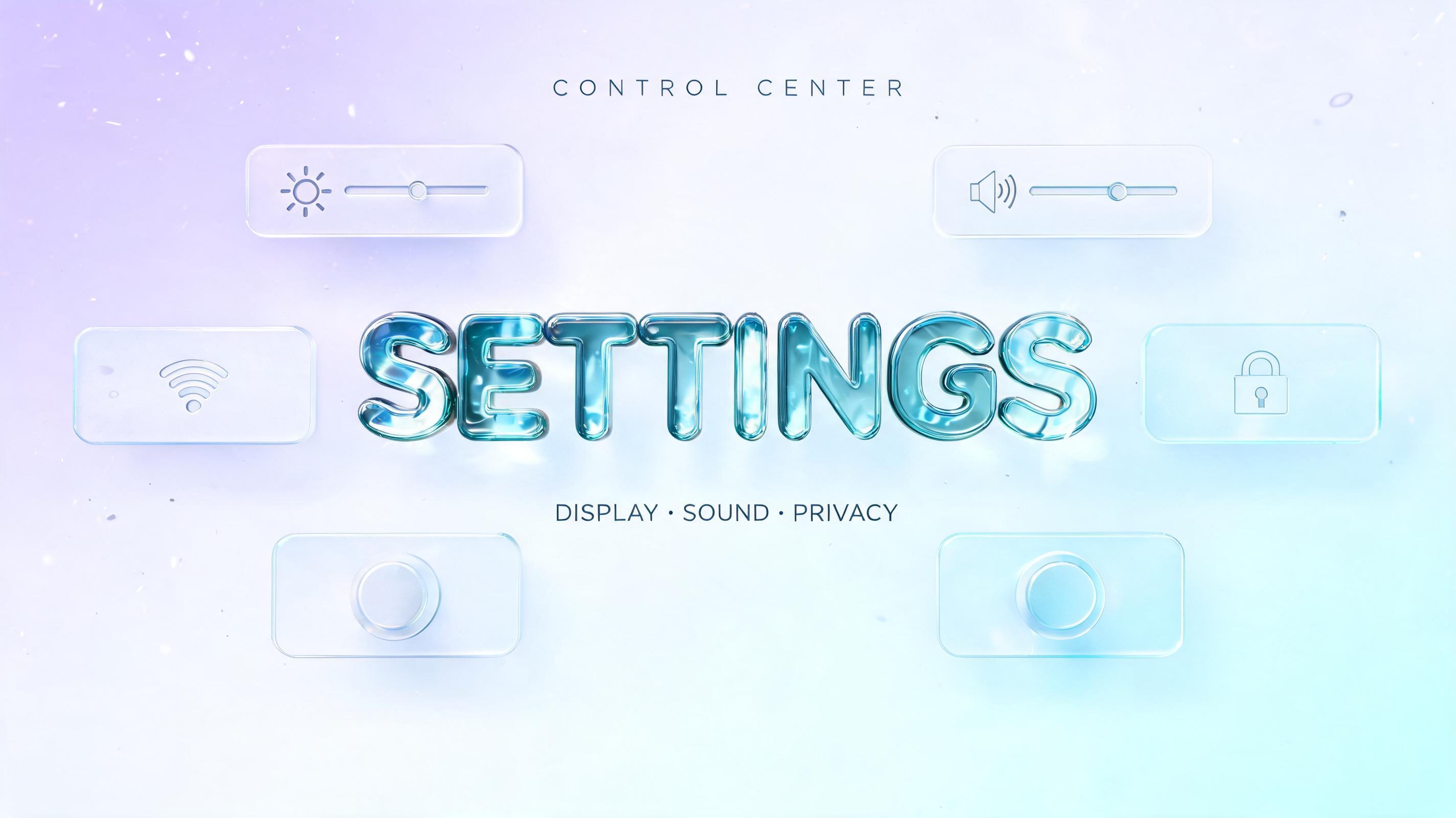 "SETTINGS
CONTROL CENTER
DISPLAY · SOUND · PRIVACY" — Glass Liquid | AI Text Effect Generator