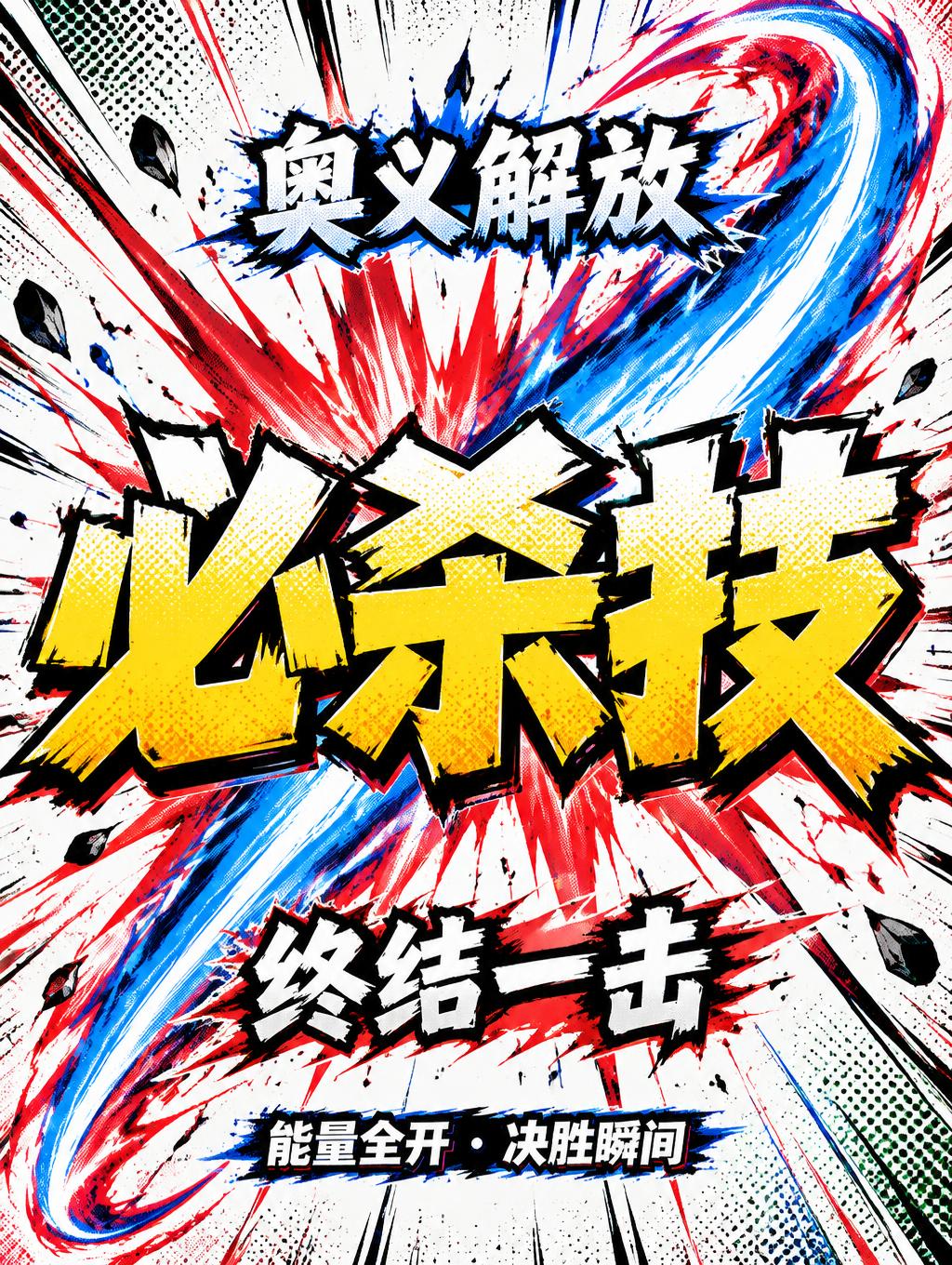 "必杀技
奥义解放
终结一击
能量全开 · 决胜瞬间" — Comic Book | AI Text Effect Generator