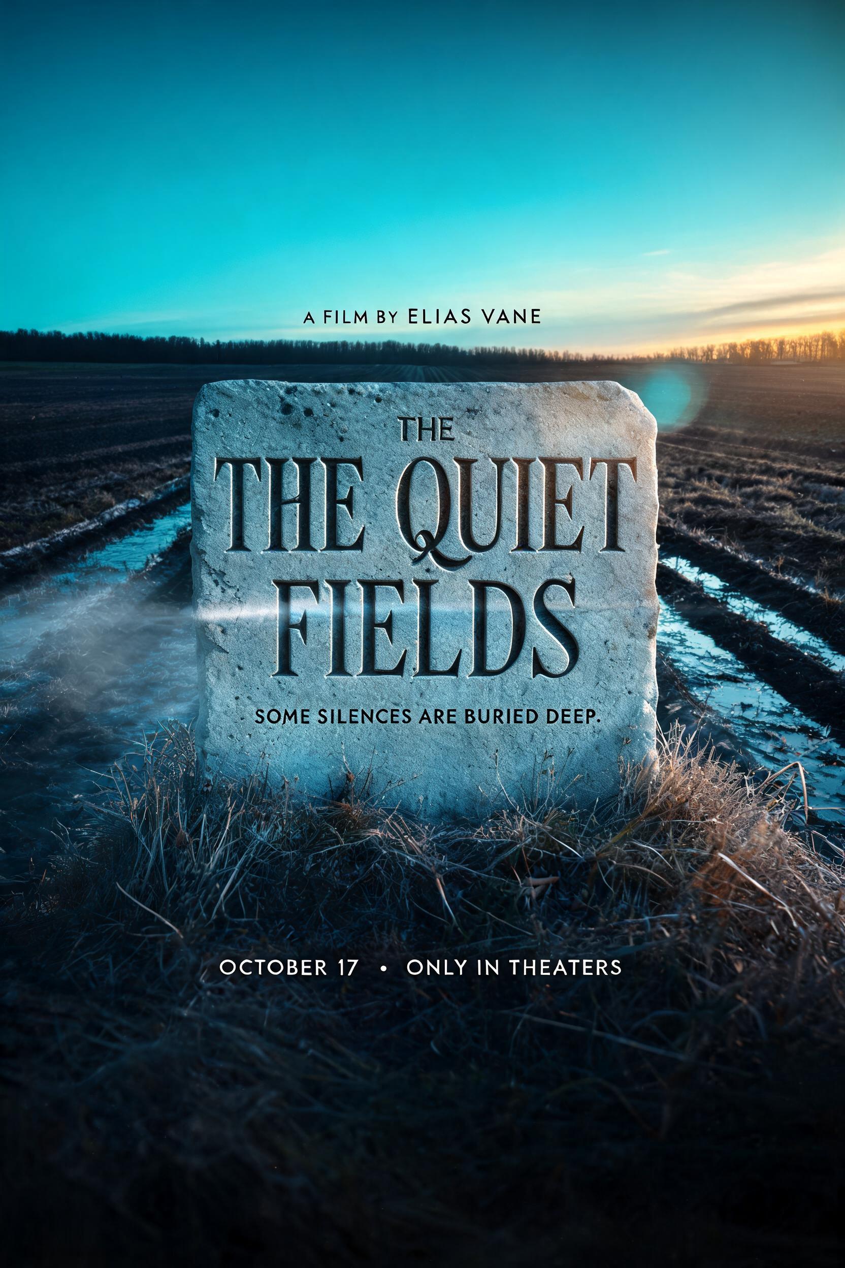 "THE QUIET FIELDS
A FILM BY ELIAS VANE
SOME SILENCES ARE BURIED DEEP.
OCTOBER 17  •  ONLY IN THEATERS" — Cinematic Netflix | AI Text Effect Generator