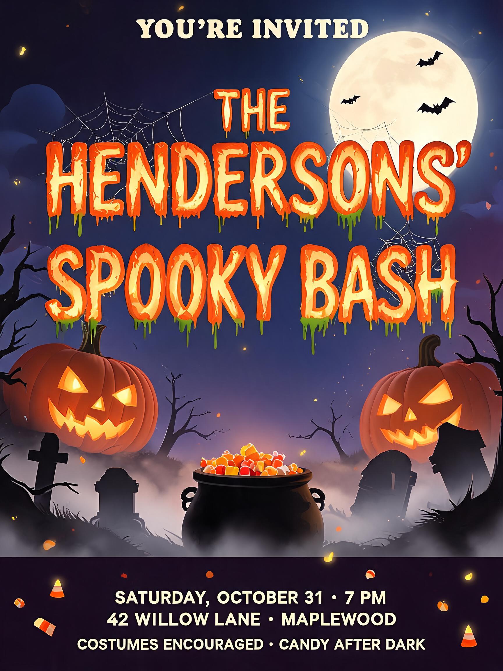 YOU’RE INVITED
THE HENDERSONS’
SPOOKY BASH
SATURDAY, OCTOBER 31 • 7 PM
42 WILLOW LANE • MAPLEWOOD
COSTUMES ENCOURAGED • CANDY AFTER DARK