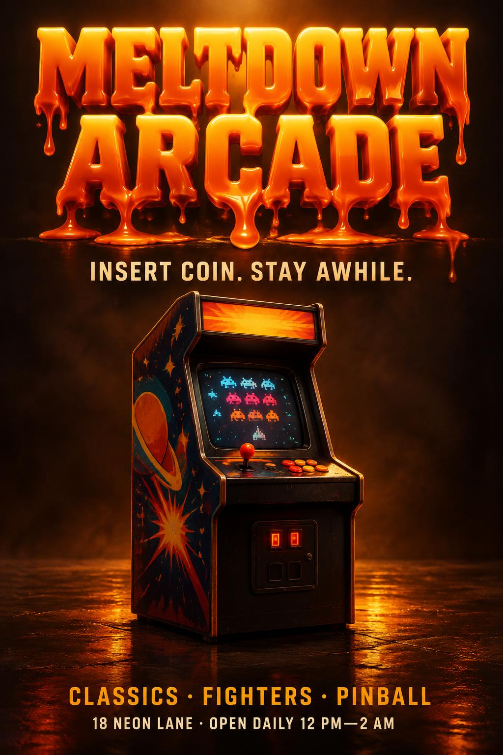 "MELTDOWN ARCADE
INSERT COIN. STAY AWHILE.
CLASSICS · FIGHTERS · PINBALL
18 NEON LANE · OPEN DAILY 12 PM—2 AM" — Drip Font Melting | AI Text Effect Generator