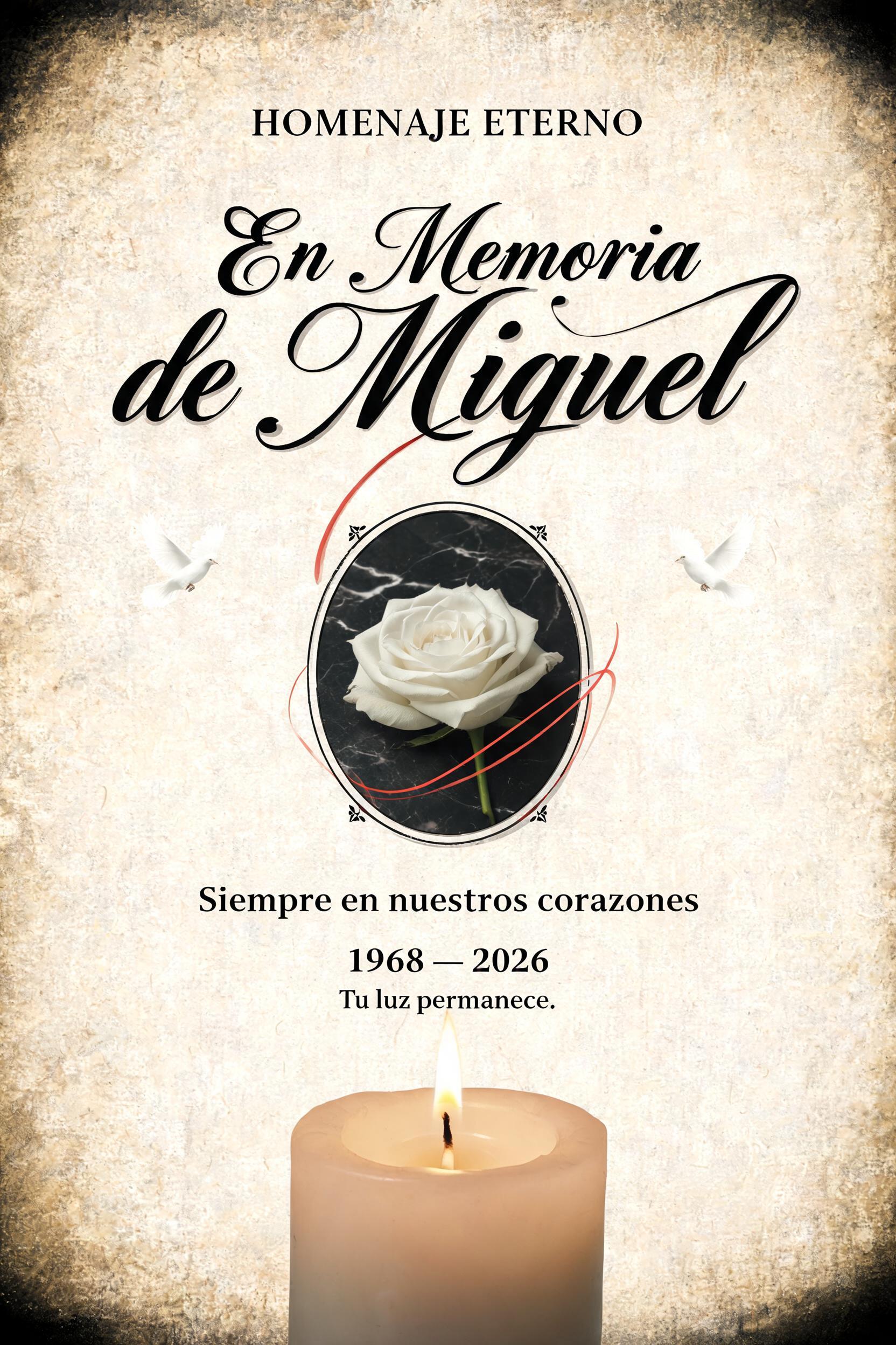 "En Memoria de Miguel
HOMENAJE ETERNO
Siempre en nuestros corazones
1968 — 2026
Tu luz permanece." — Chicano | AI Text Effect Generator