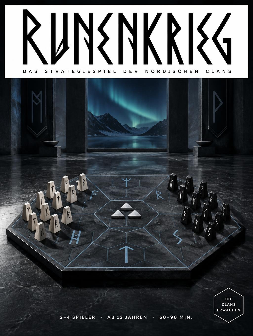 "RUNENKRIEG
DAS STRATEGIESPIEL DER NORDISCHEN CLANS
2–4 SPIELER  ·  AB 12 JAHREN  ·  60–90 MIN.
DIE CLANS ERWACHEN" — Viking Runic | AI Text Effect Generator