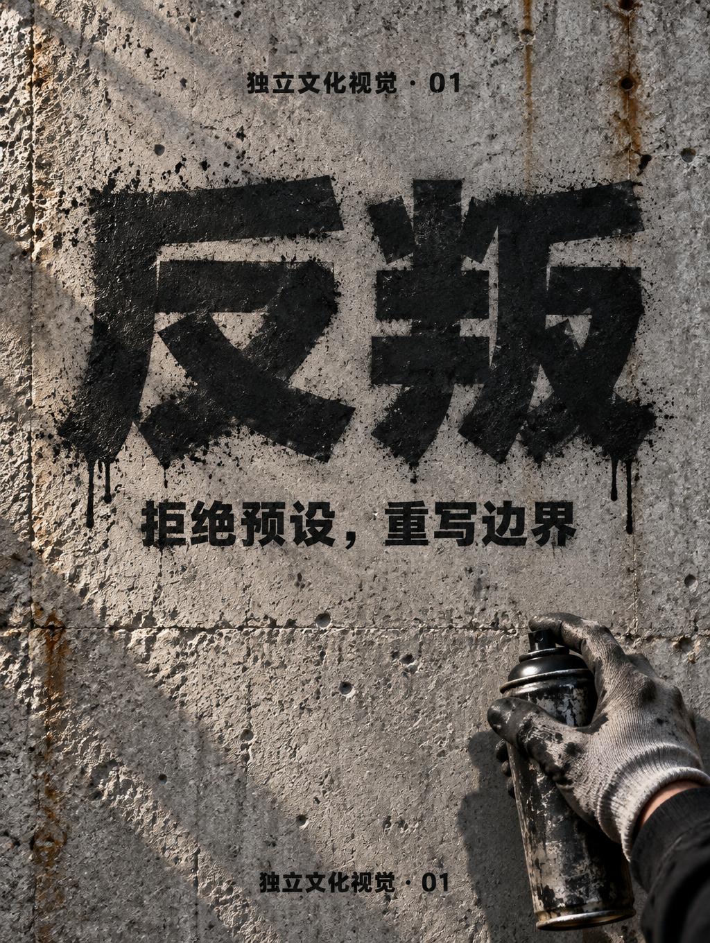 "反叛
拒绝预设，重写边界
独立文化视觉 · 01" — Stencil text effect
