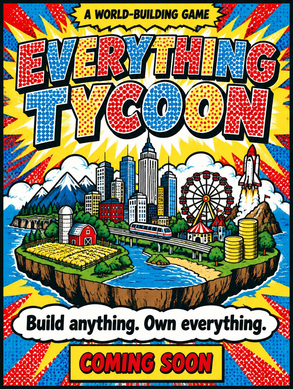 "EVERYTHING TYCOON
Build anything. Own everything.
A WORLD-BUILDING GAME
COMING SOON" — Pop Art | AI Text Effect Generator