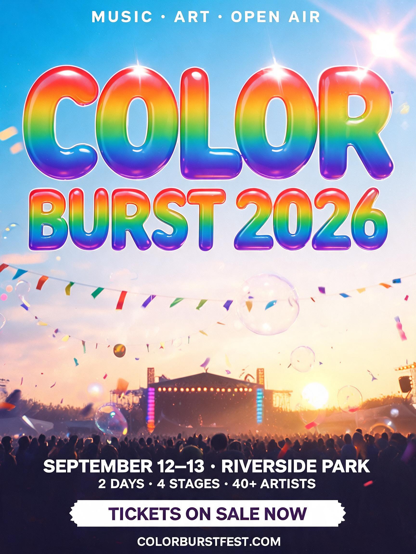 "Create a festival poster for the music fest Colorburst 2026" — Rainbow text effect