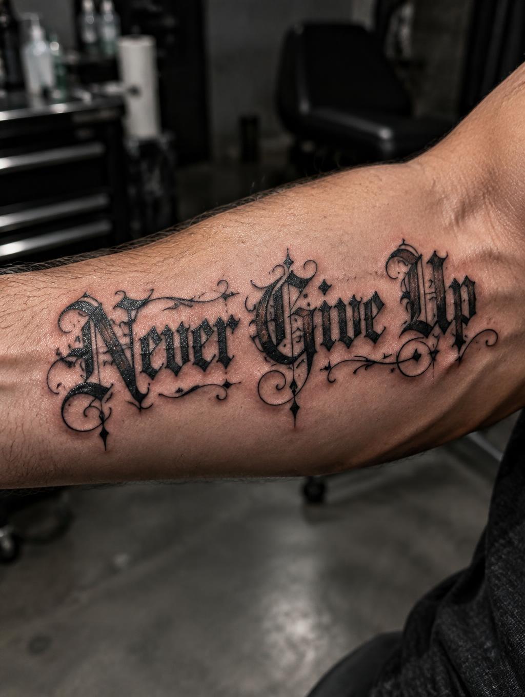 "Never Give Up" — Tattoo | AI Text Effect Generator