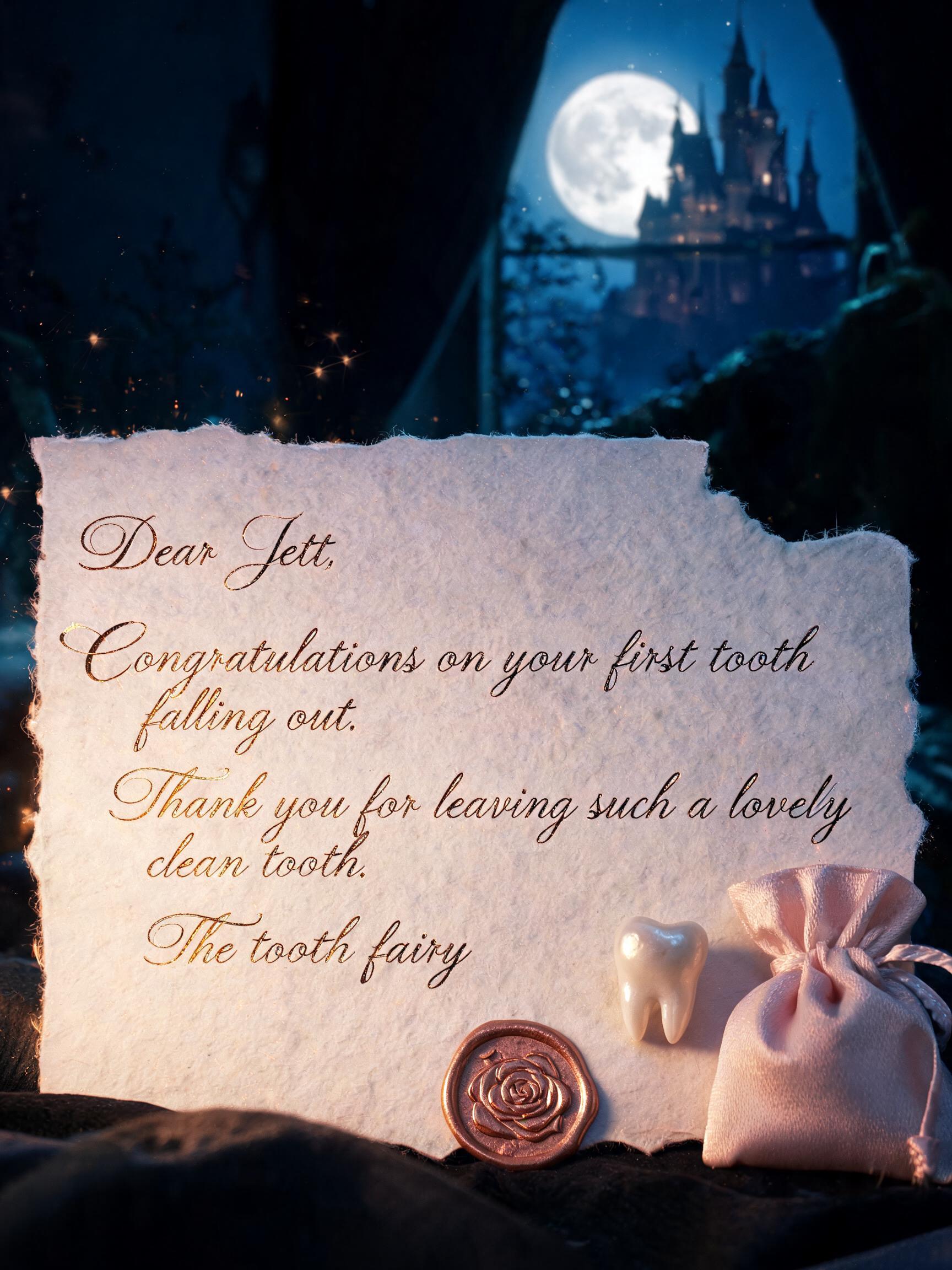 "Dear Jett,
Congratulations on your first tooth falling out. Thank you for leaving such a lovely clean tooth.
The tooth fairy" — Fairy Tale | AI Text Effect Generator