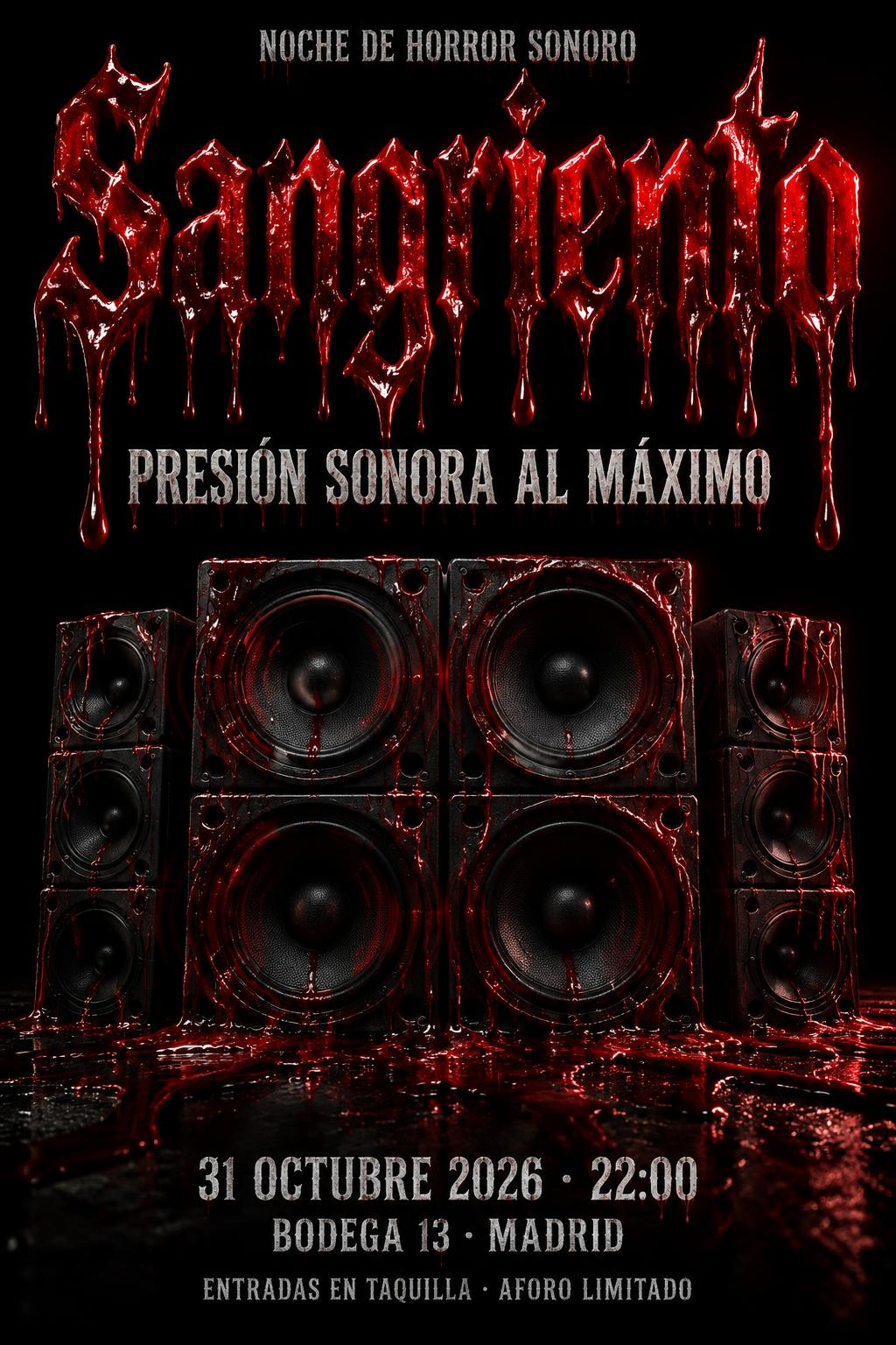 "Sangriento
NOCHE DE HORROR SONORO
PRESIÓN SONORA AL MÁXIMO
31 OCTUBRE 2026 · 22:00
BODEGA 13 · MADRID
ENTRADAS EN TAQUILLA · AFORO LIMITADO" — Drip Font Blood | AI Text Effect Generator
