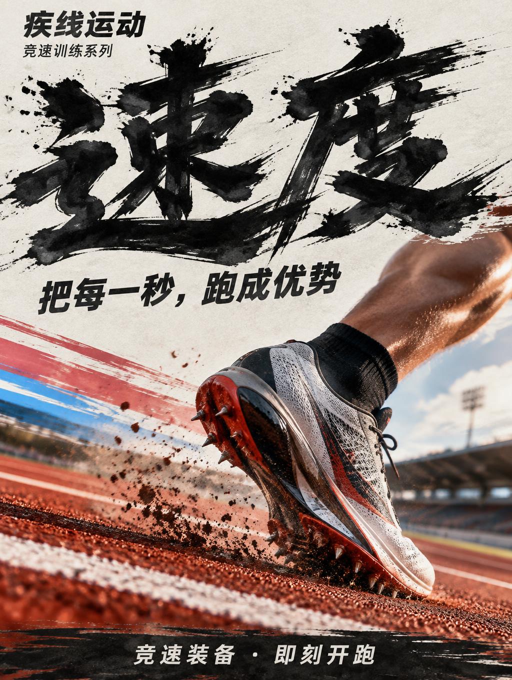 "速度
疾线运动
竞速训练系列
把每一秒，跑成优势
竞速装备 · 即刻开跑" — Brush Dry text effect
