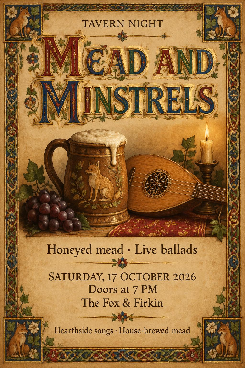 "Mead and Minstrels
TAVERN NIGHT
Honeyed mead · Live ballads
SATURDAY, 17 OCTOBER 2026
Doors at 7 PM
The Fox & Firkin
Hearthside songs · House-brewed mead" — Medieval | AI Text Effect Generator