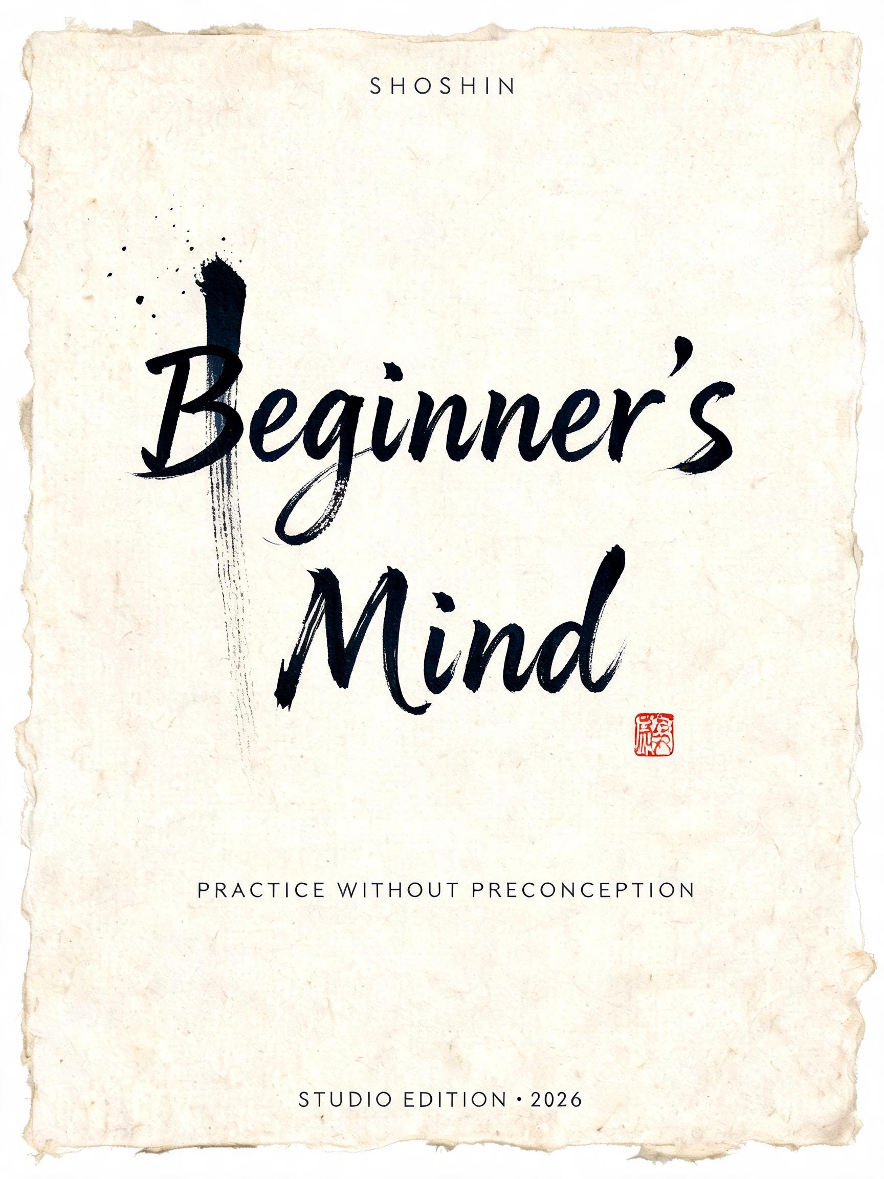 "Beginner’s Mind
SHOSHIN
PRACTICE WITHOUT PRECONCEPTION
STUDIO EDITION · 2026" — Brush Japanese Ink | AI Text Effect Generator