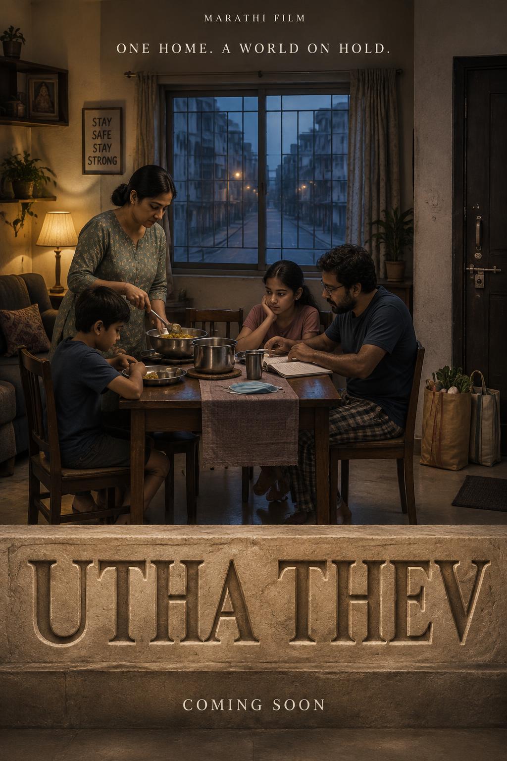 "UTHA THEV
ONE HOME. A WORLD ON HOLD.
MARATHI FILM
COMING SOON" — Lockdown Lamplight text effect