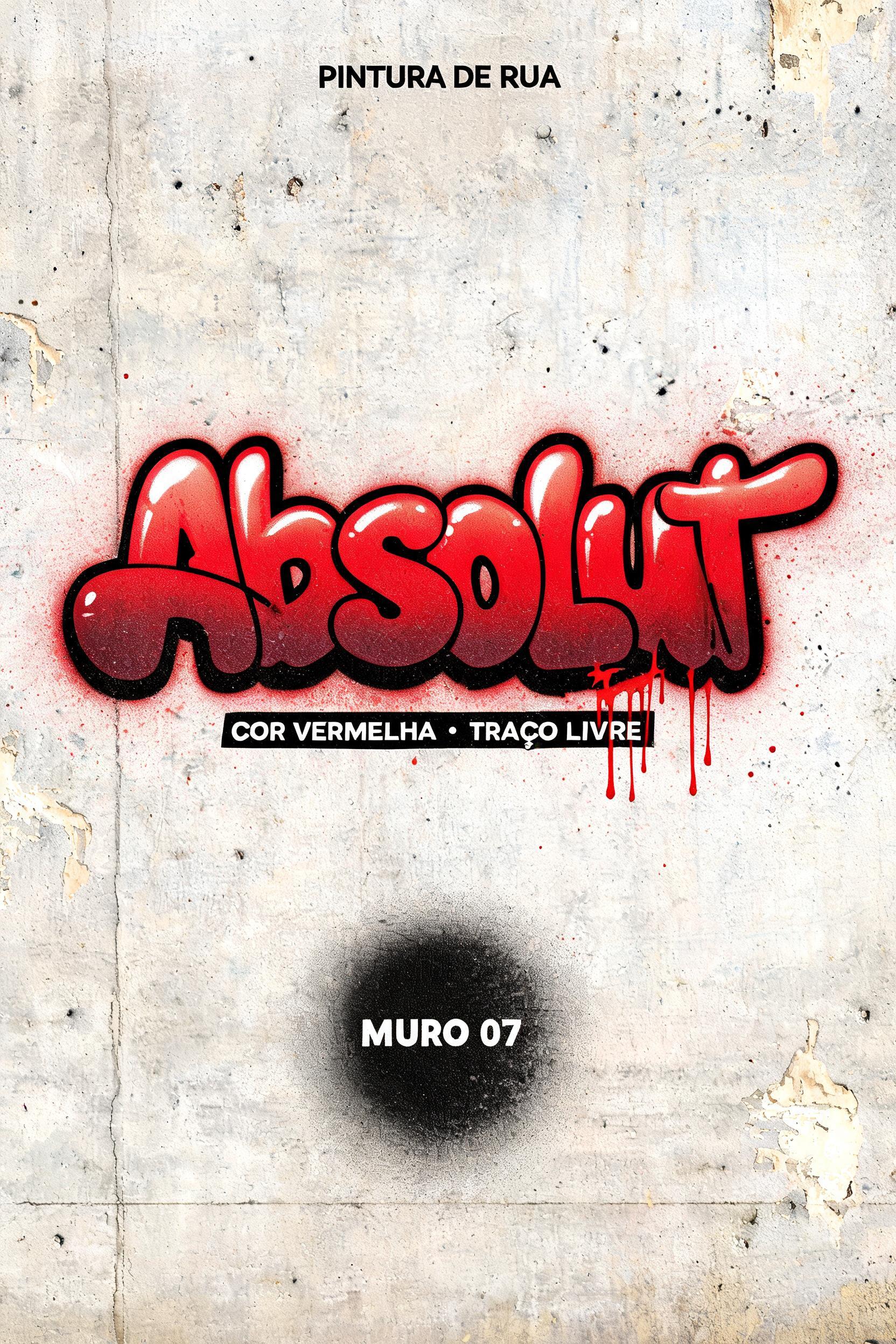 "Absolut
PINTURA DE RUA
COR VERMELHA • TRAÇO LIVRE
MURO 07" — Graffiti | AI Text Effect Generator