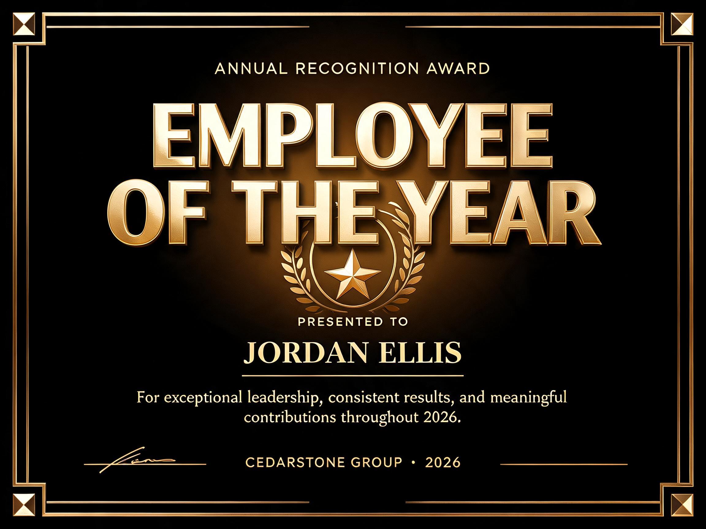 "EMPLOYEE
OF THE YEAR
ANNUAL RECOGNITION AWARD
PRESENTED TO
JORDAN ELLIS
For exceptional leadership, consistent results, and meaningful contributions throughout 2026.
CEDARSTONE GROUP  •  2026" — 3d Bold Gold | AI Text Effect Generator