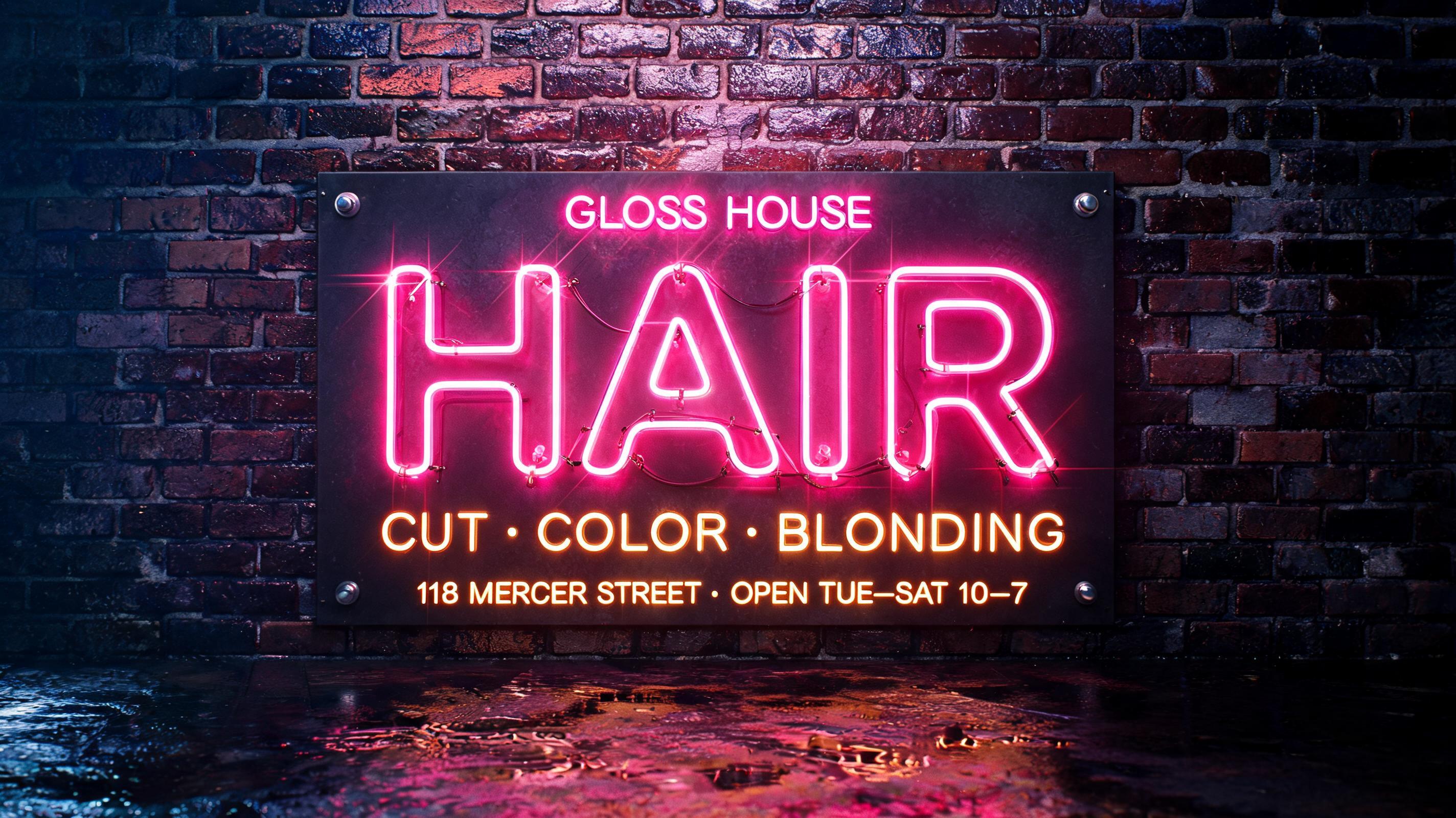 "GLOSS HOUSE
HAIR
CUT · COLOR · BLONDING
118 MERCER STREET · OPEN TUE–SAT 10–7" — Neon Sign | AI Text Effect Generator