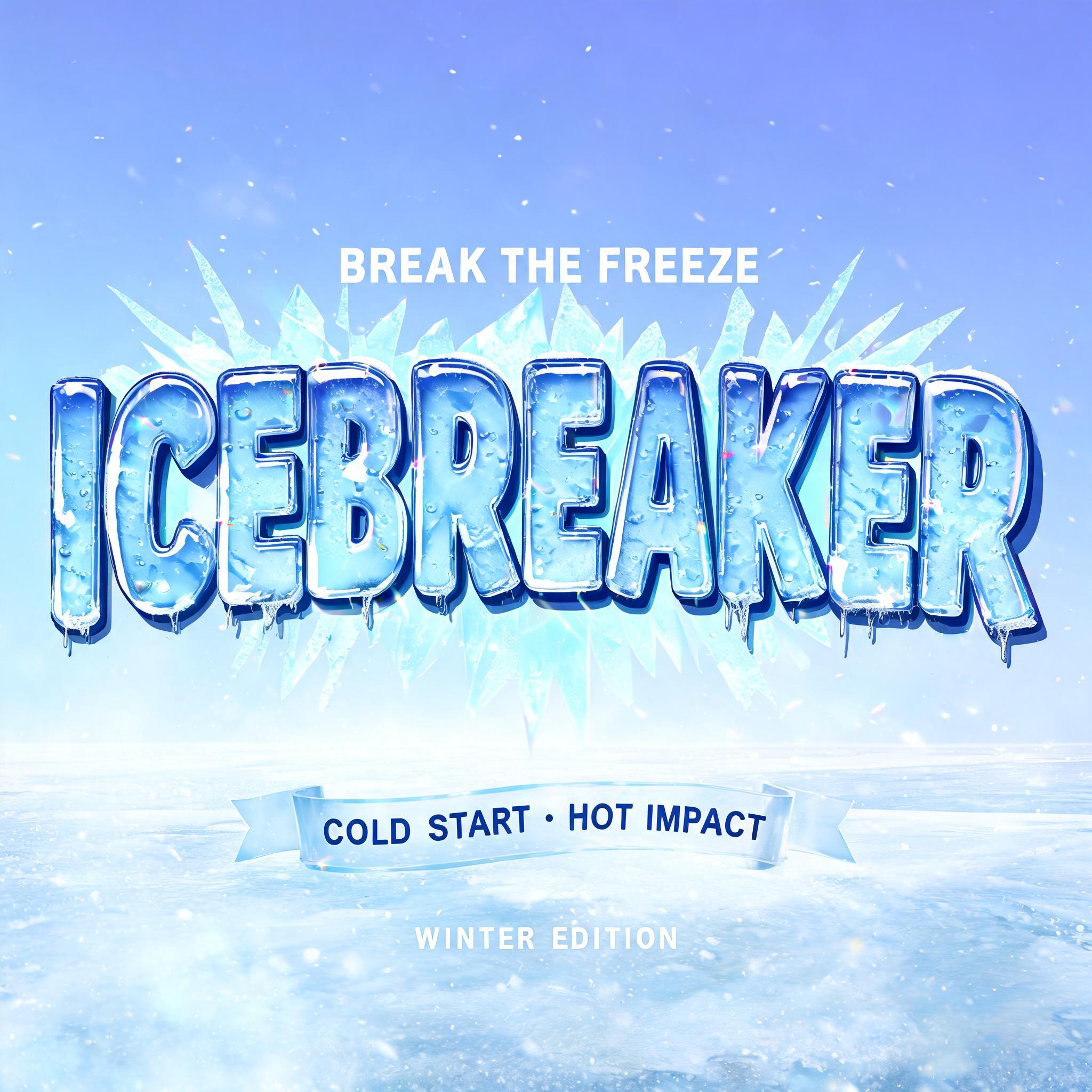 "ICEBREAKER
BREAK THE FREEZE
COLD START · HOT IMPACT
WINTER EDITION" — Glass | AI Text Effect Generator