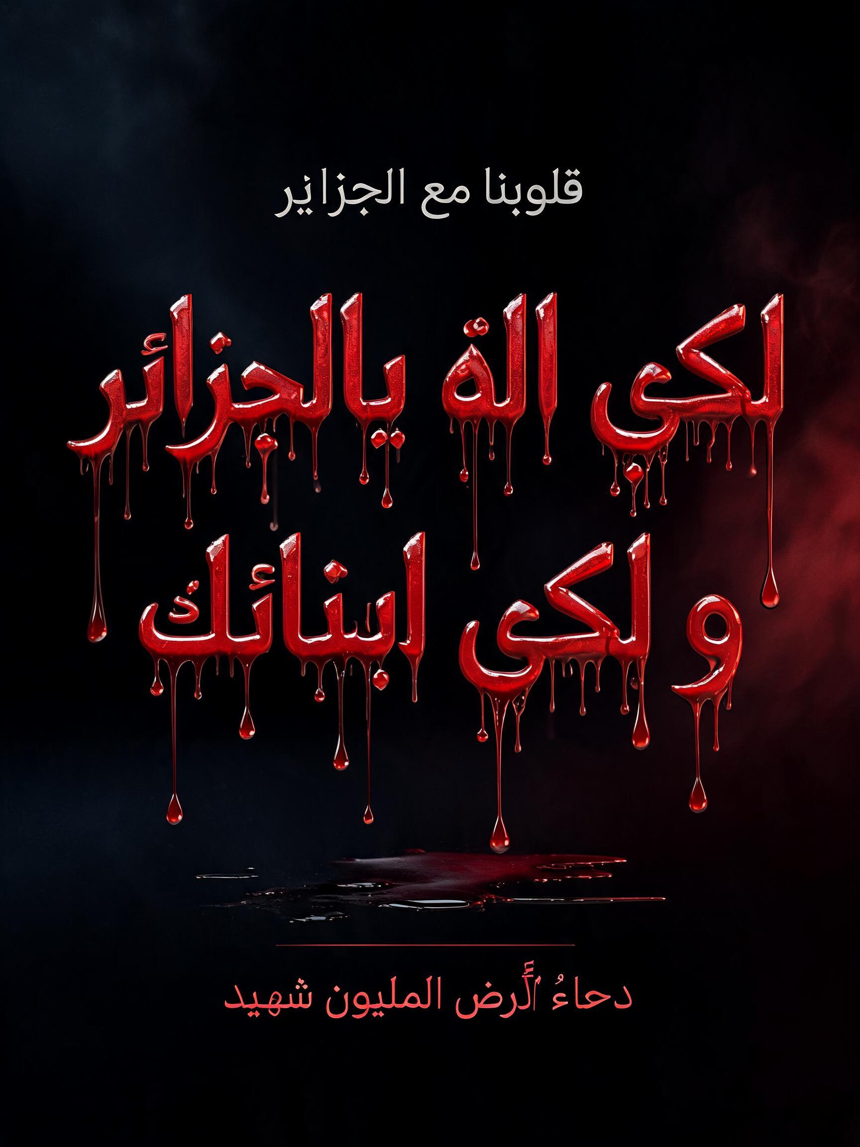 "لكي الله يالجزائر و لكي ابنائك
قلوبنا مع الجزائر
دعاءٌ لأرض المليون شهيد" — Drip Font Blood text effect