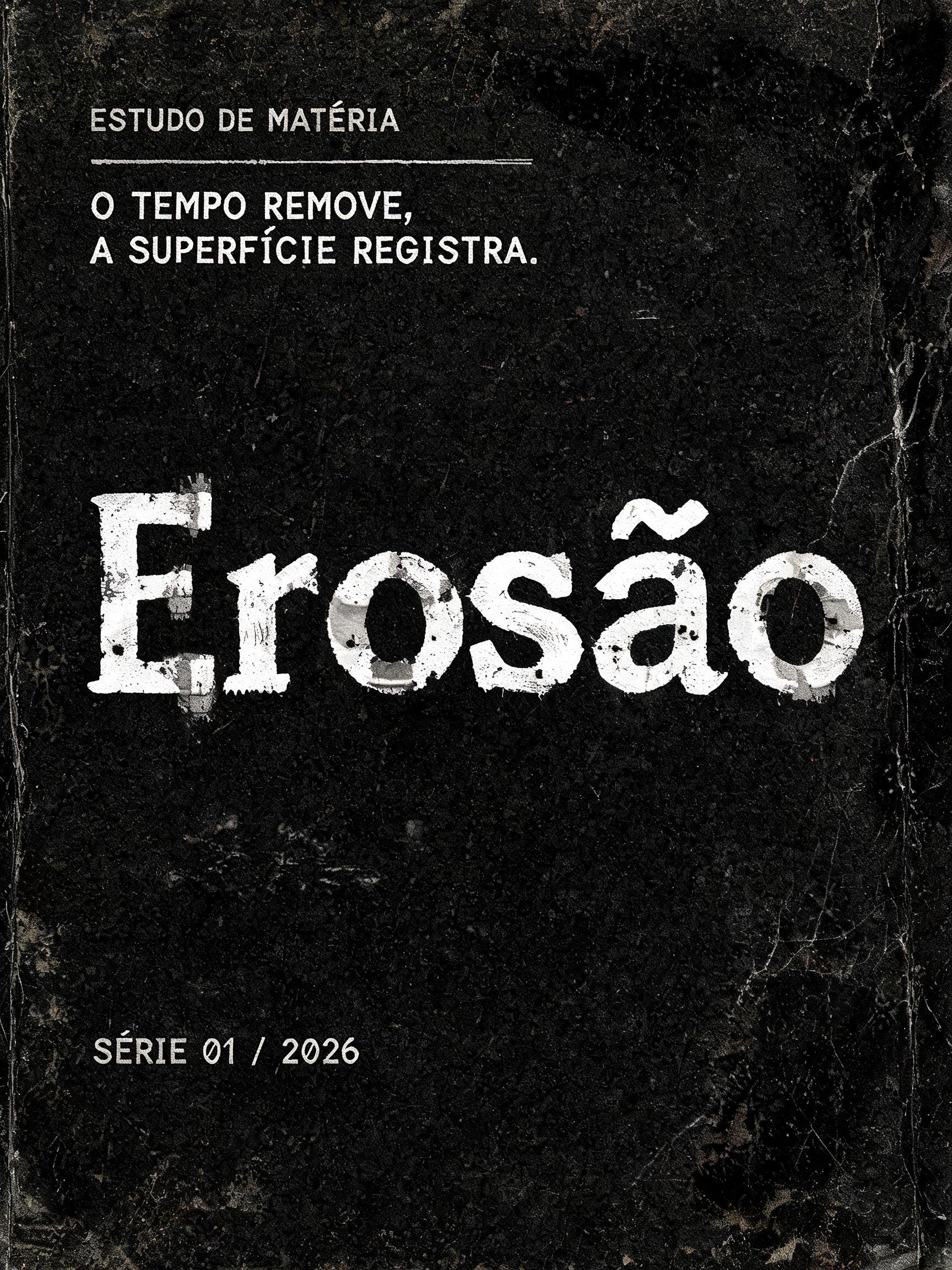 "Erosão
ESTUDO DE MATÉRIA
O TEMPO REMOVE, A SUPERFÍCIE REGISTRA.
SÉRIE 01  /  2026" — Brush Dry text effect