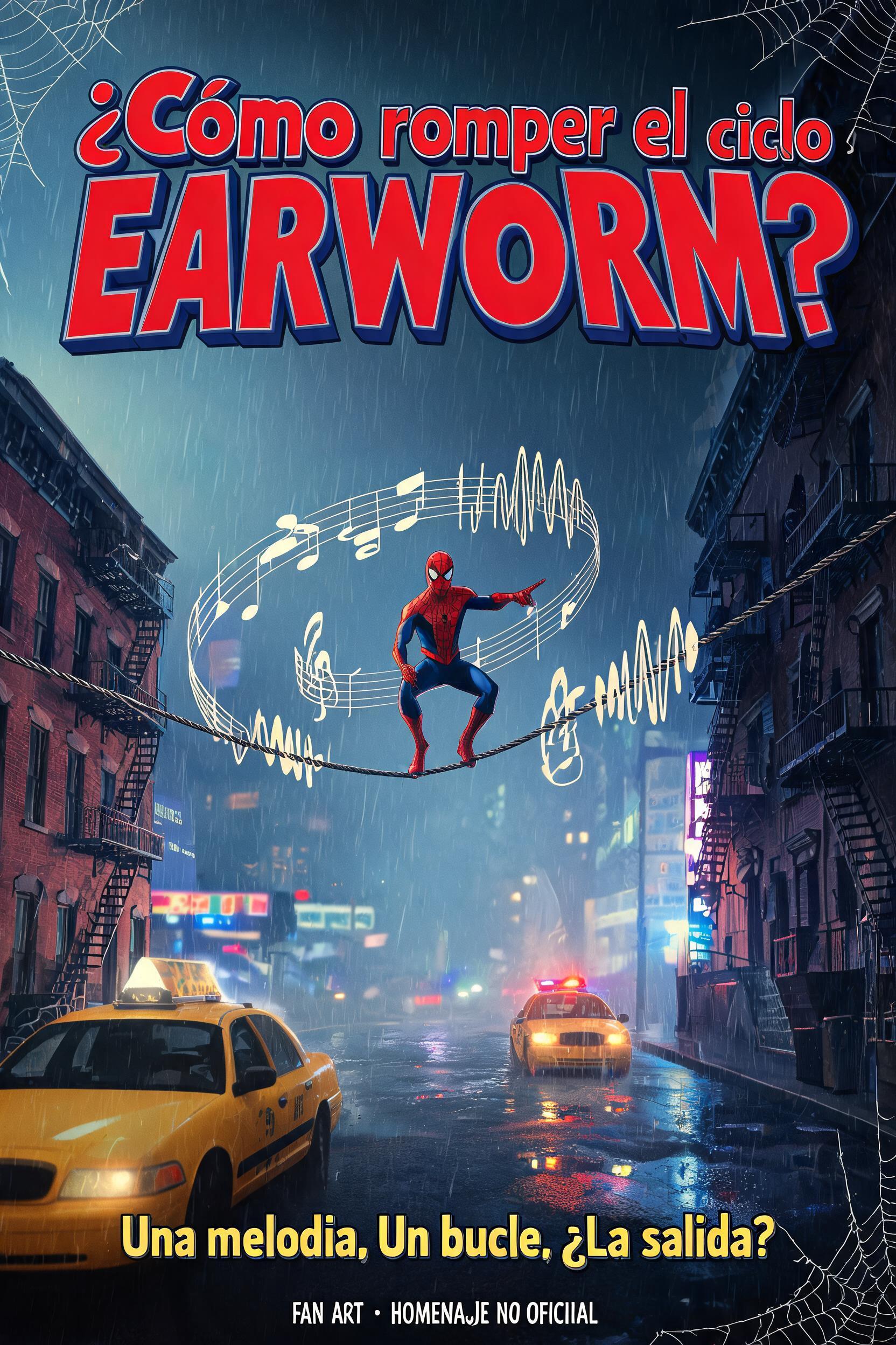 "¿Cómo romper el ciclo EARWORM?
Una melodía. Un bucle. ¿La salida?
FAN ART · HOMENAJE NO OFICIAL" — Spider Hero text effect