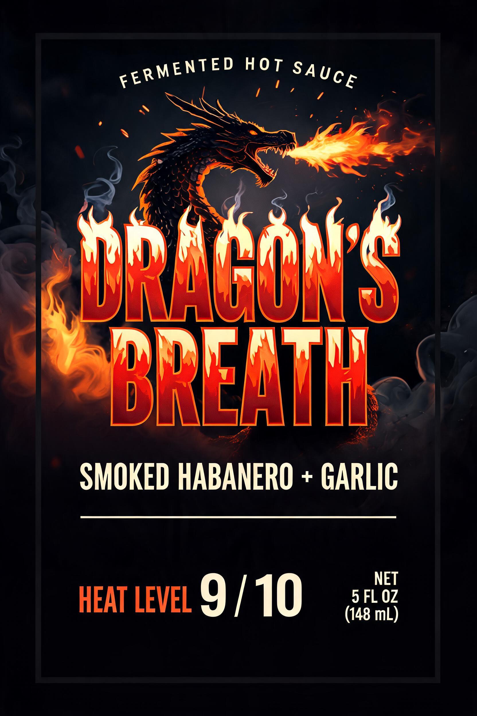 "Create a label for the hot sauce Dragon's Breath with flames" — Fire Smoke text effect