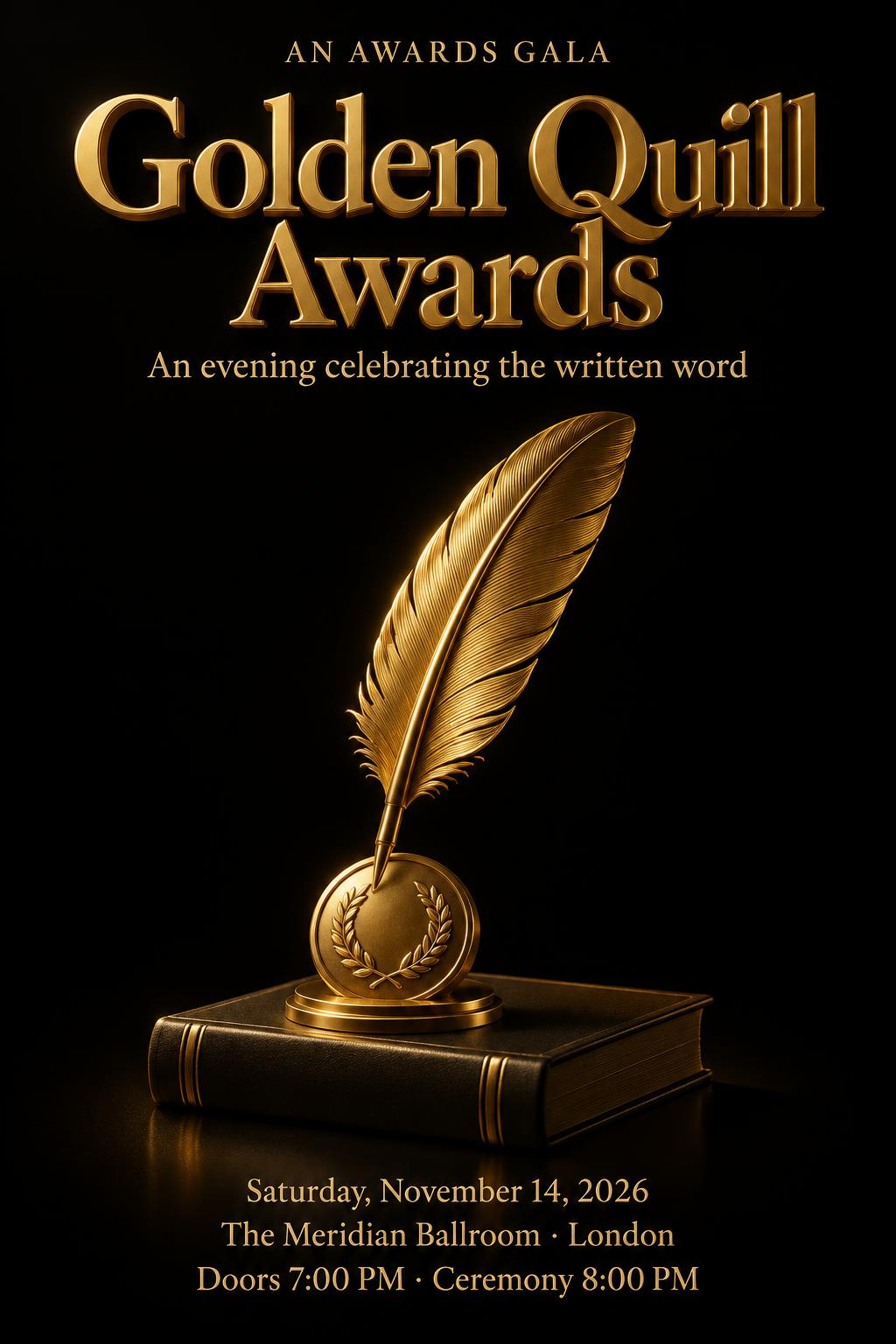 "Golden Quill Awards
An evening celebrating the written word
Saturday, November 14, 2026
The Meridian Ballroom · London
Doors 7:00 PM · Ceremony 8:00 PM
AN AWARDS GALA" — 3d Bold Gold | AI Text Effect Generator
