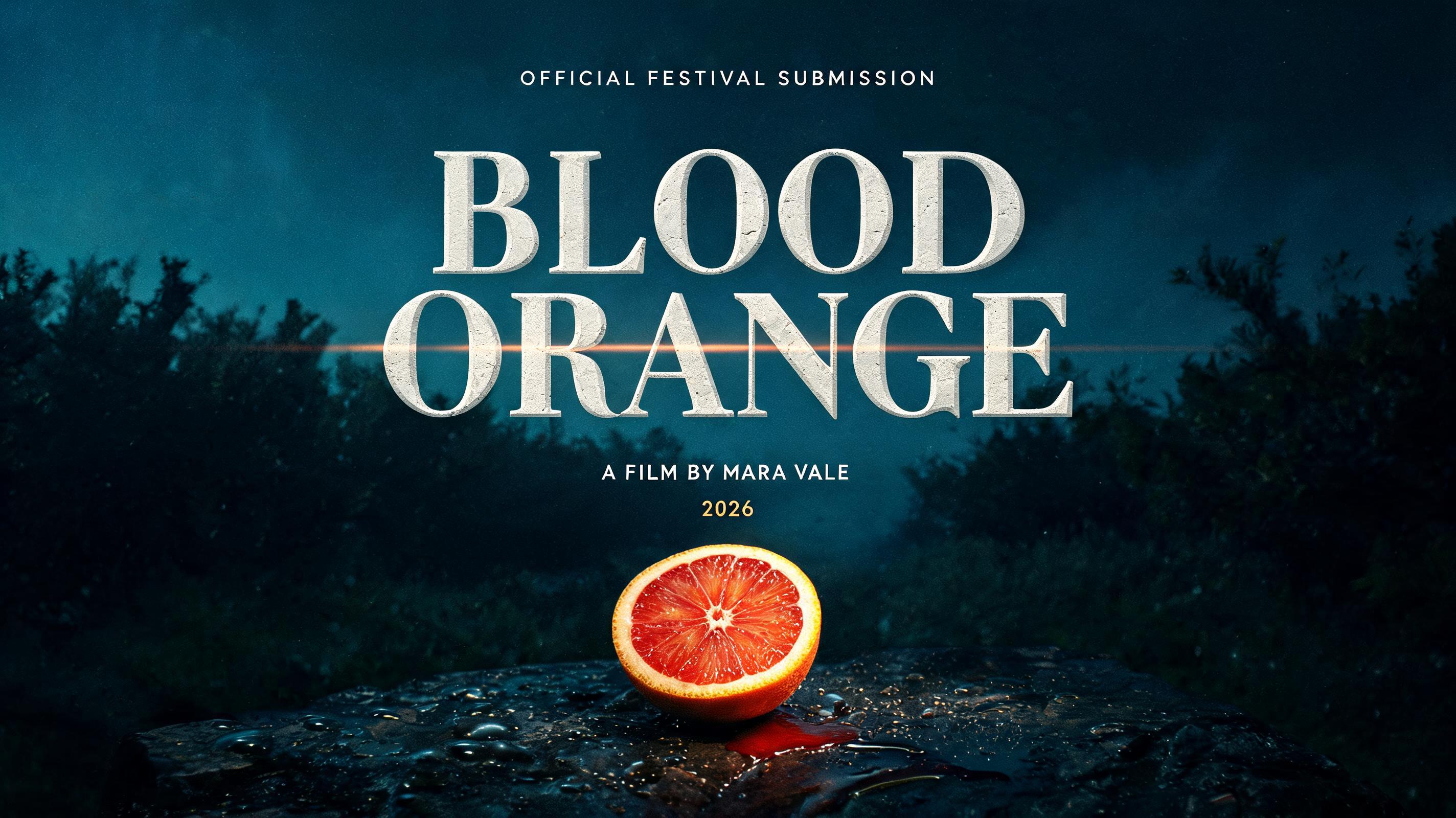 "BLOOD
ORANGE
OFFICIAL FESTIVAL SUBMISSION
A FILM BY MARA VALE
2026" — Cinematic Netflix | AI Text Effect Generator