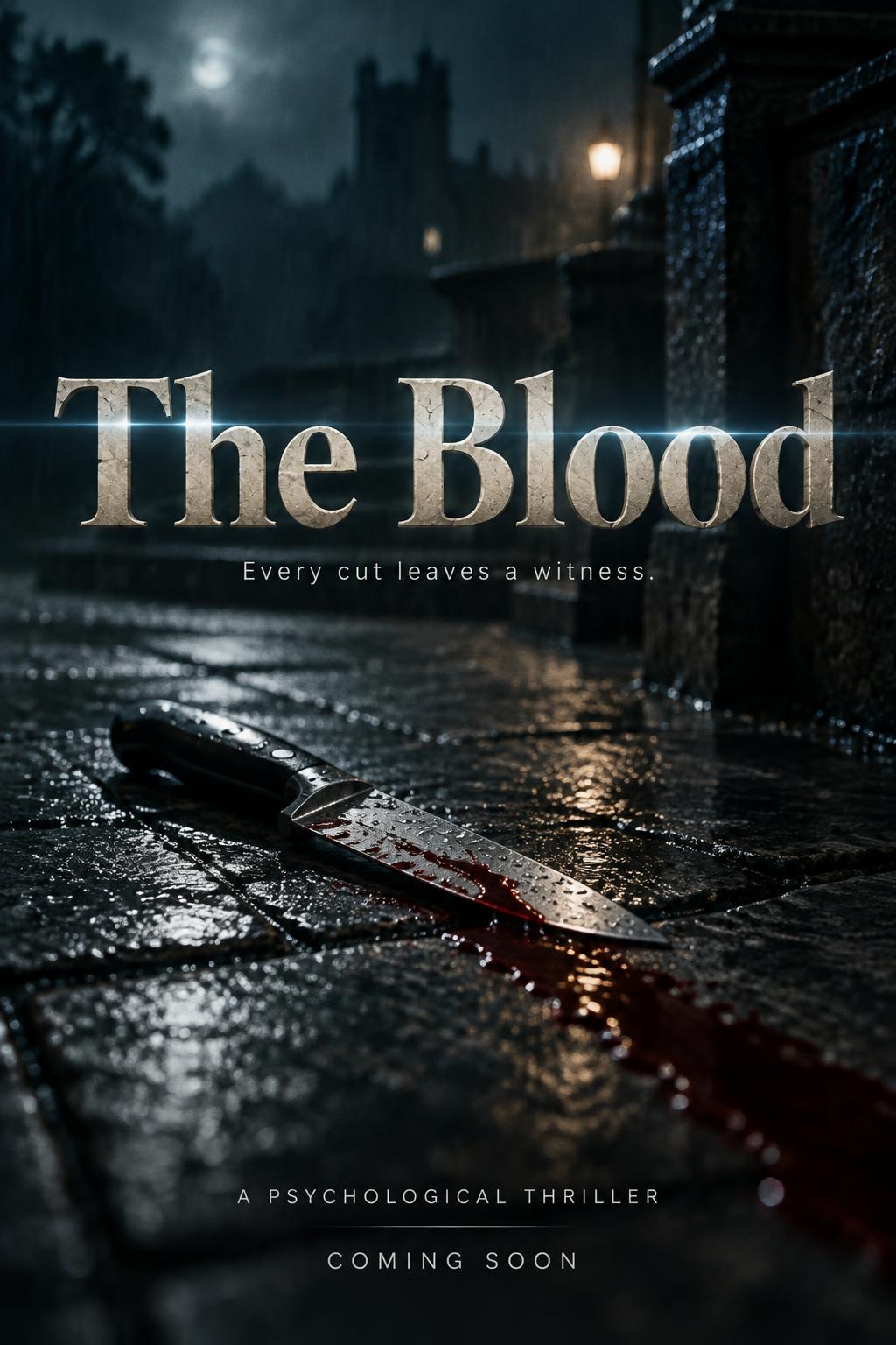 "The Blood
Every cut leaves a witness.
A PSYCHOLOGICAL THRILLER
COMING SOON" — Cinematic Netflix | AI Text Effect Generator
