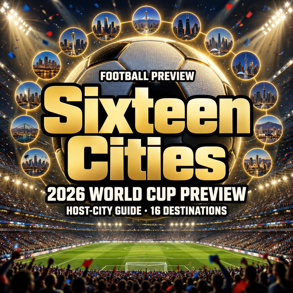 "Sixteen Cities
FOOTBALL PREVIEW
2026 WORLD CUP PREVIEW
HOST-CITY GUIDE · 16 DESTINATIONS" — Sports Football | AI Text Effect Generator