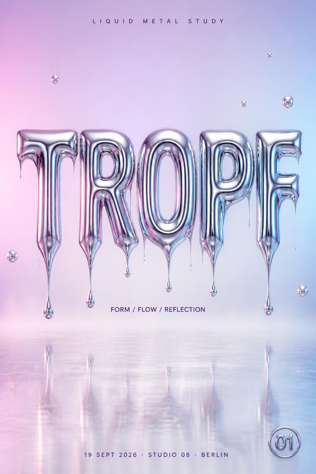 TROPF
LIQUID METAL STUDY
FORM / FLOW / REFLECTION
19 SEPT 2026 · STUDIO 08 · BERLIN
01