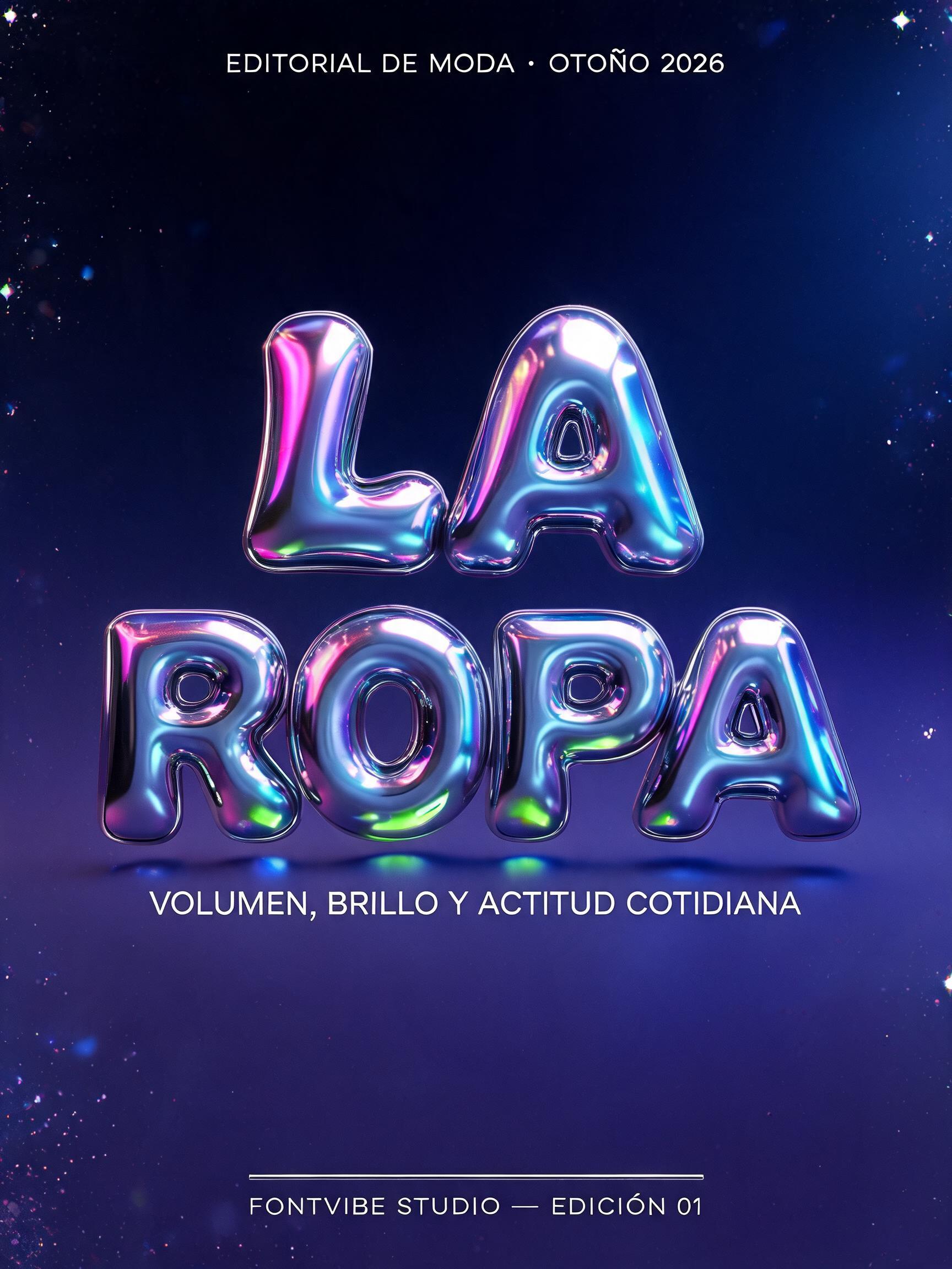 "LA
ROPA
EDITORIAL DE MODA · OTOÑO 2026
VOLUMEN, BRILLO Y ACTITUD COTIDIANA
FONTVIBE STUDIO — EDICIÓN 01" — Y2k | AI Text Effect Generator