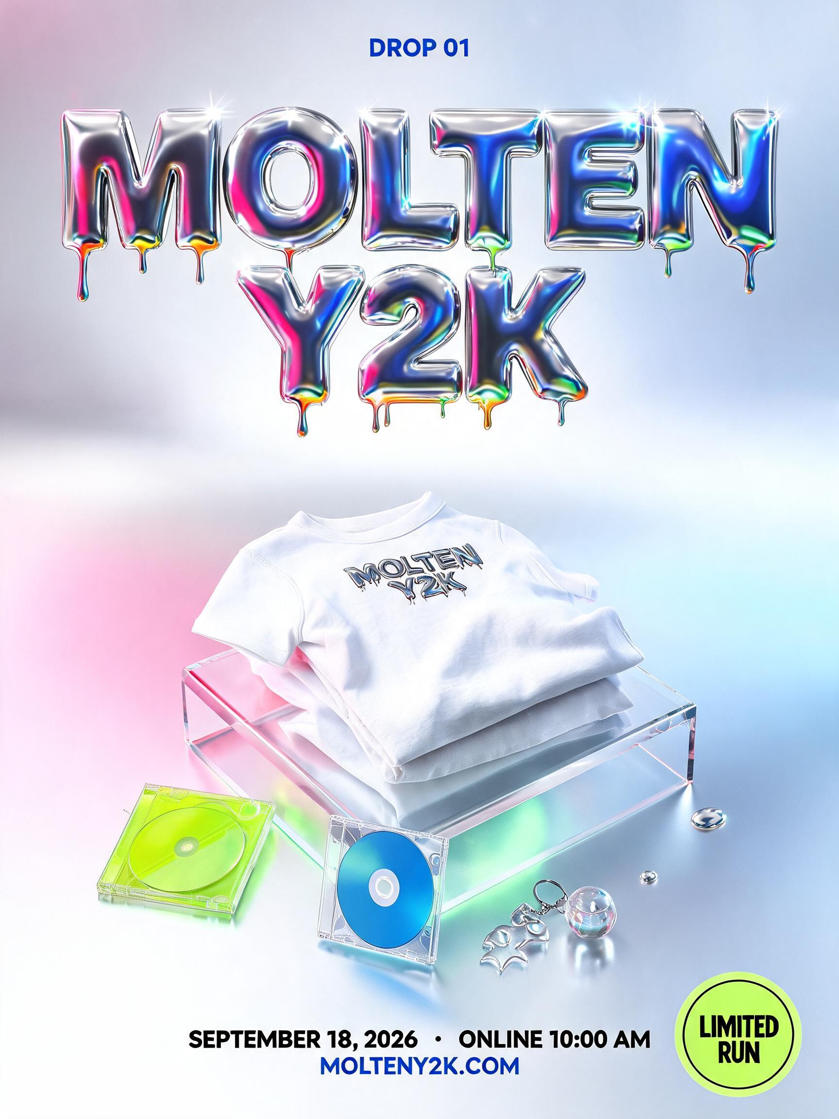 "MOLTEN
Y2K
DROP 01
SEPTEMBER 18, 2026  ·  ONLINE 10:00 AM
MOLTENY2K.COM
LIMITED RUN" — Y2k Chrome | AI Text Effect Generator