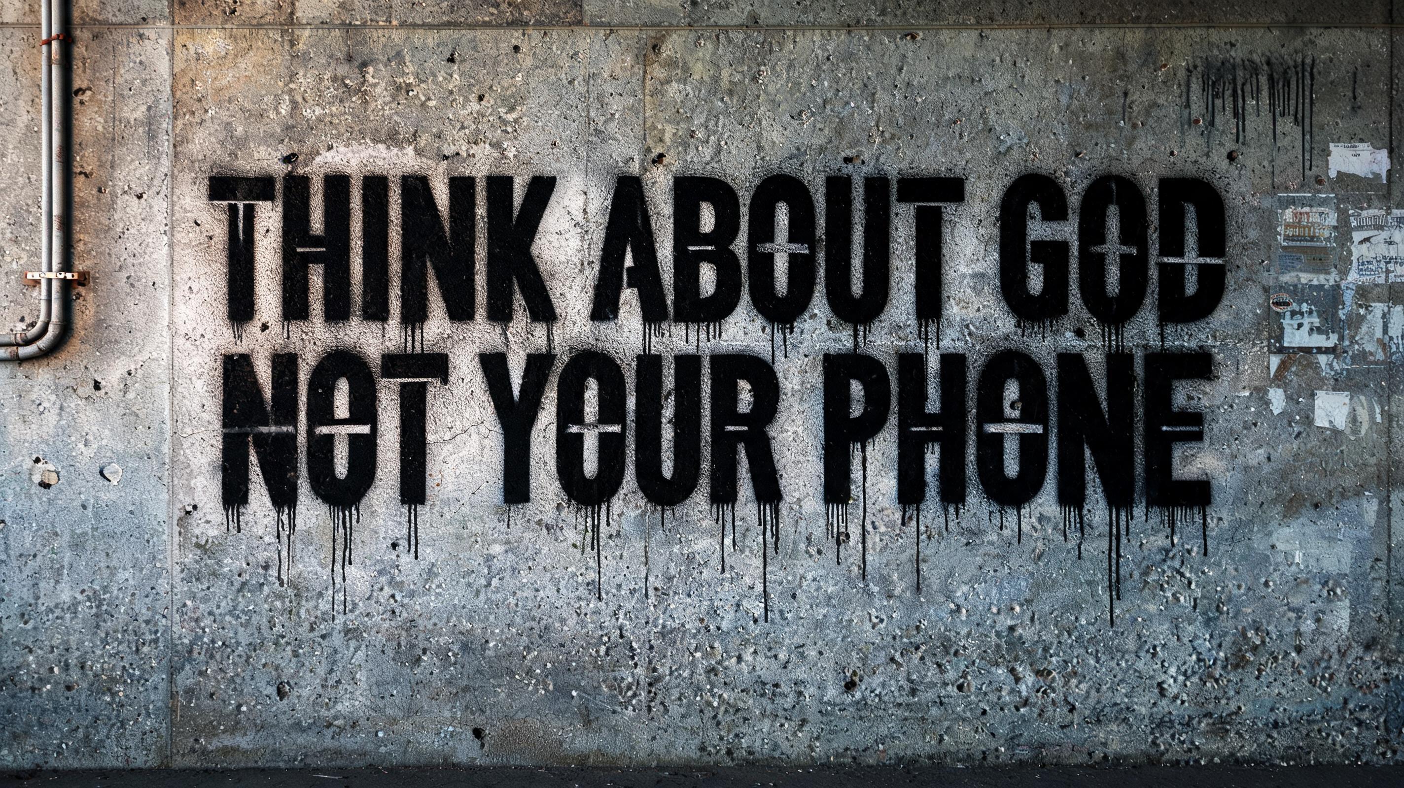 "THINK ABOUT GOD NOT YOUR PHONE
" — Stencil text effect