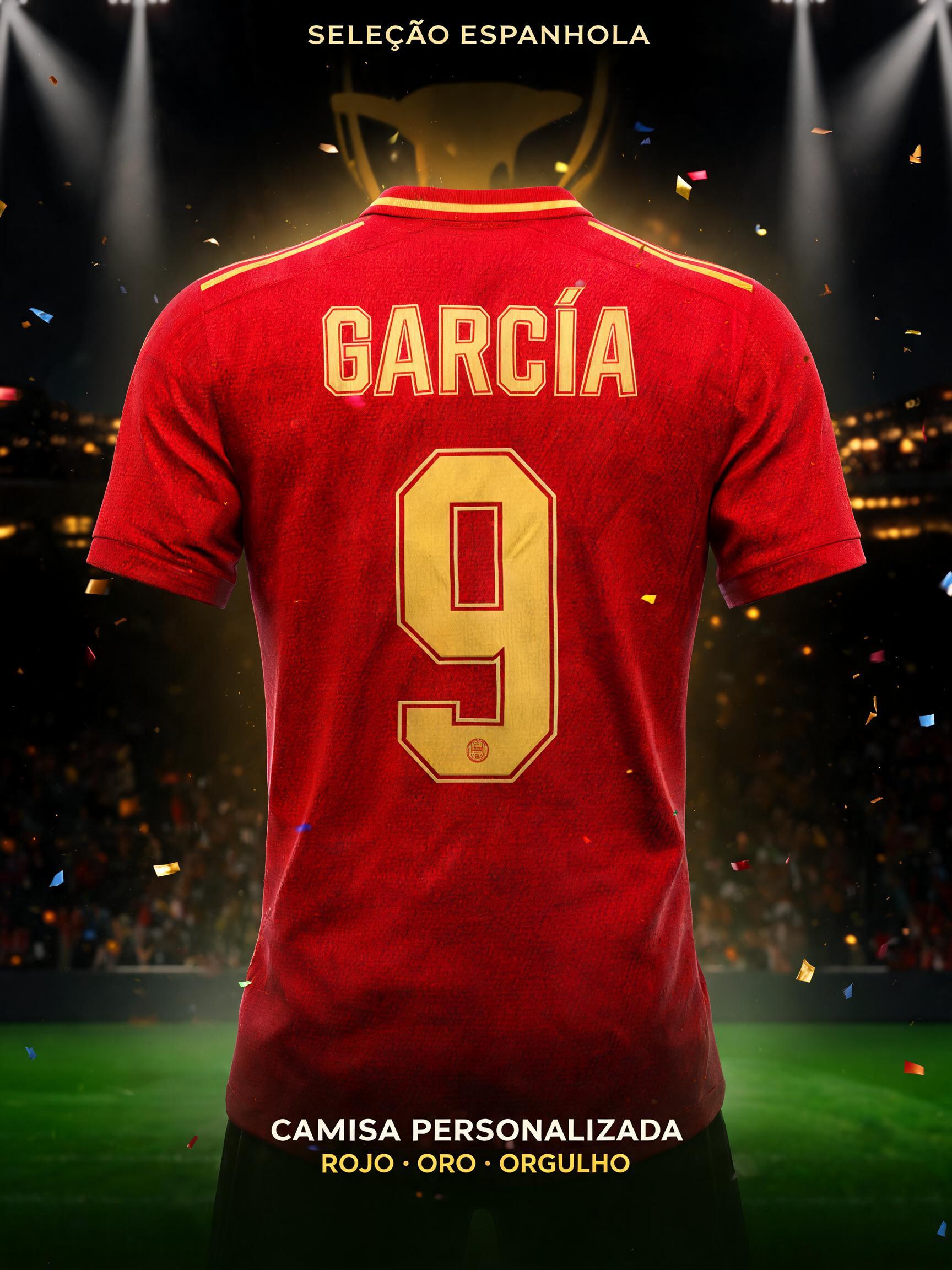 "GARCÍA
9
SELEÇÃO ESPANHOLA
CAMISA PERSONALIZADA
ROJO · ORO · ORGULHO" — Sports Football | AI Text Effect Generator