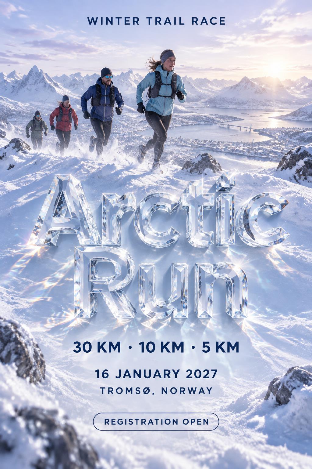 "Arctic Run
WINTER TRAIL RACE
30 KM · 10 KM · 5 KM
16 JANUARY 2027
TROMSØ, NORWAY
REGISTRATION OPEN" — Glass | AI Text Effect Generator