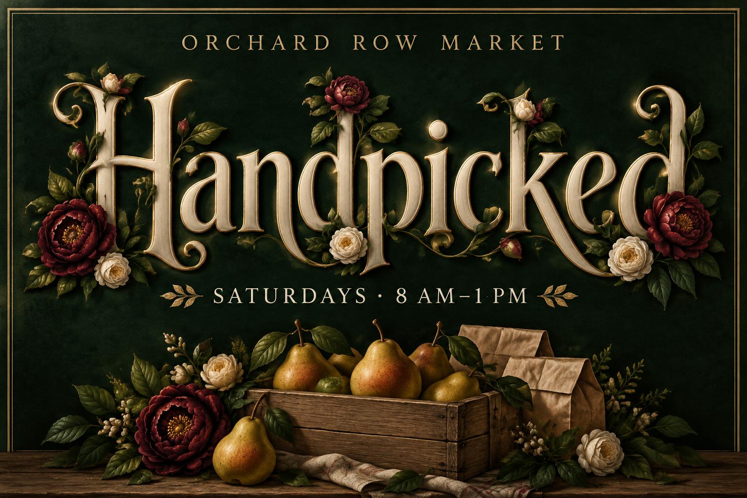 "Handpicked
ORCHARD ROW MARKET
SATURDAYS · 8 AM–1 PM" — Floral | AI Text Effect Generator