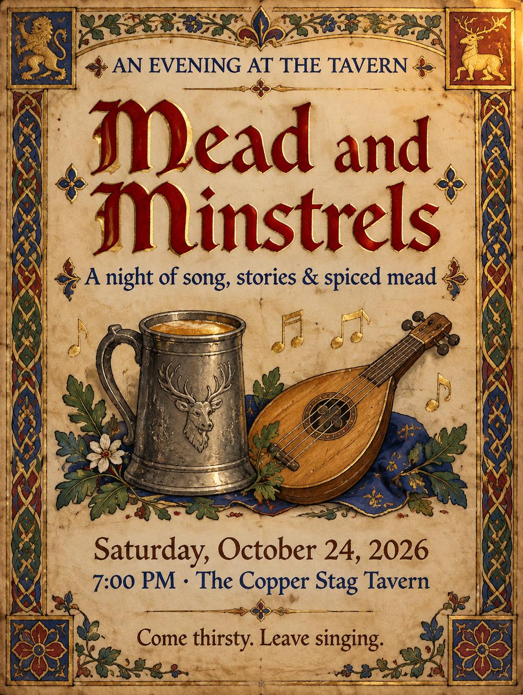 "Mead and Minstrels
AN EVENING AT THE TAVERN
A night of song, stories & spiced mead
Saturday, October 24, 2026
7:00 PM · The Copper Stag Tavern
Come thirsty. Leave singing." — Medieval | AI Text Effect Generator
