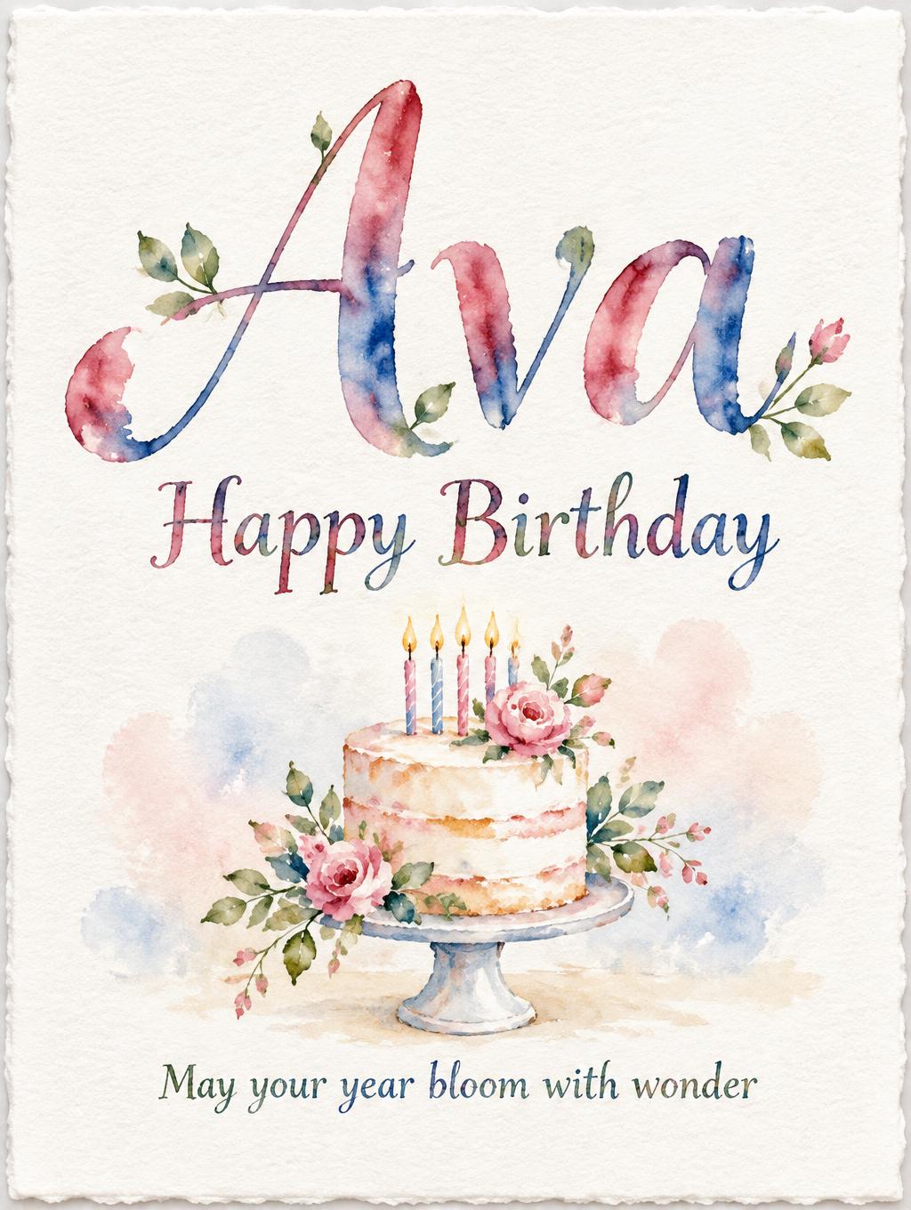 "Ava
Happy Birthday
May your year bloom with wonder" — Watercolor text effect