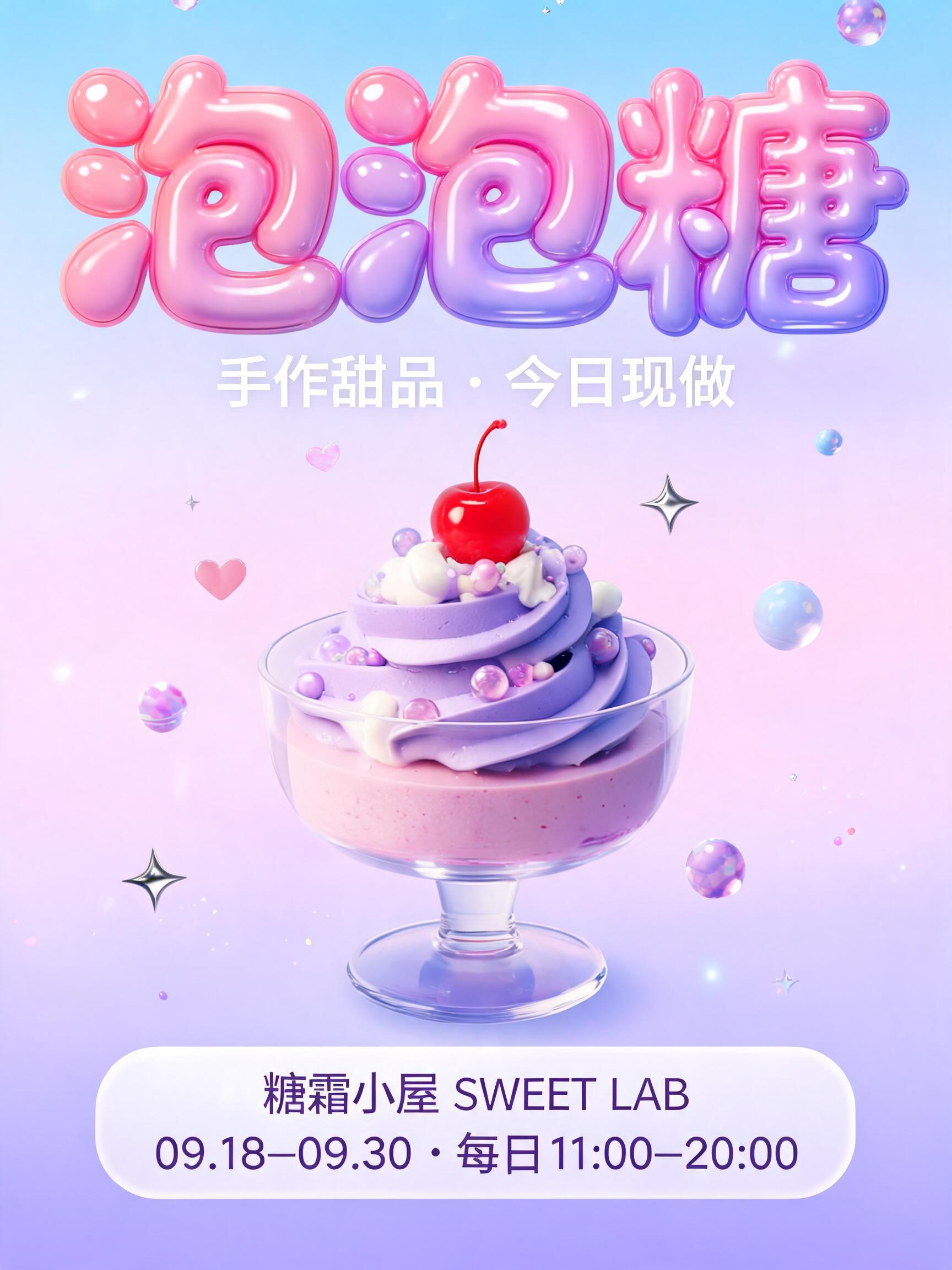 "泡泡糖
手作甜品 · 今日现做
糖霜小屋 SWEET LAB
09.18–09.30 · 每日 11:00–20:00" — Y2k Bubbly text effect