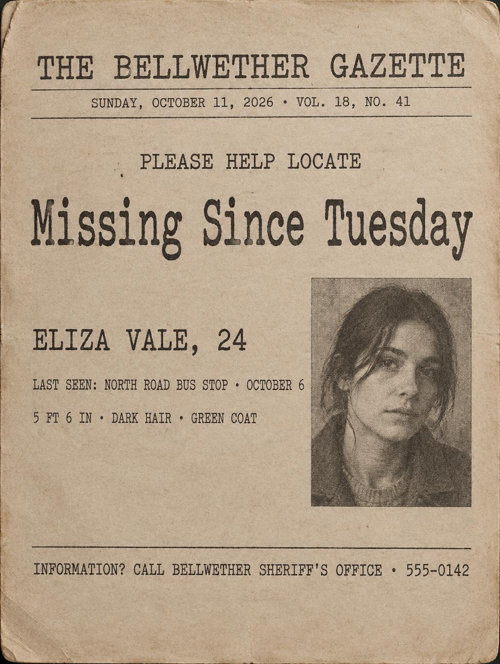 Missing Since Tuesday
PLEASE HELP LOCATE
ELIZA VALE, 24
LAST SEEN: NORTH ROAD BUS STOP · OCTOBER 6
5 FT 6 IN · DARK HAIR · GREEN COAT
INFORMATION? CALL BELLWETHER SHERIFF'S OFFICE · 555-0142
THE BELLWETHER GAZETTE
SUNDAY, OCTOBER 11, 2026 · VOL. 18, NO. 41