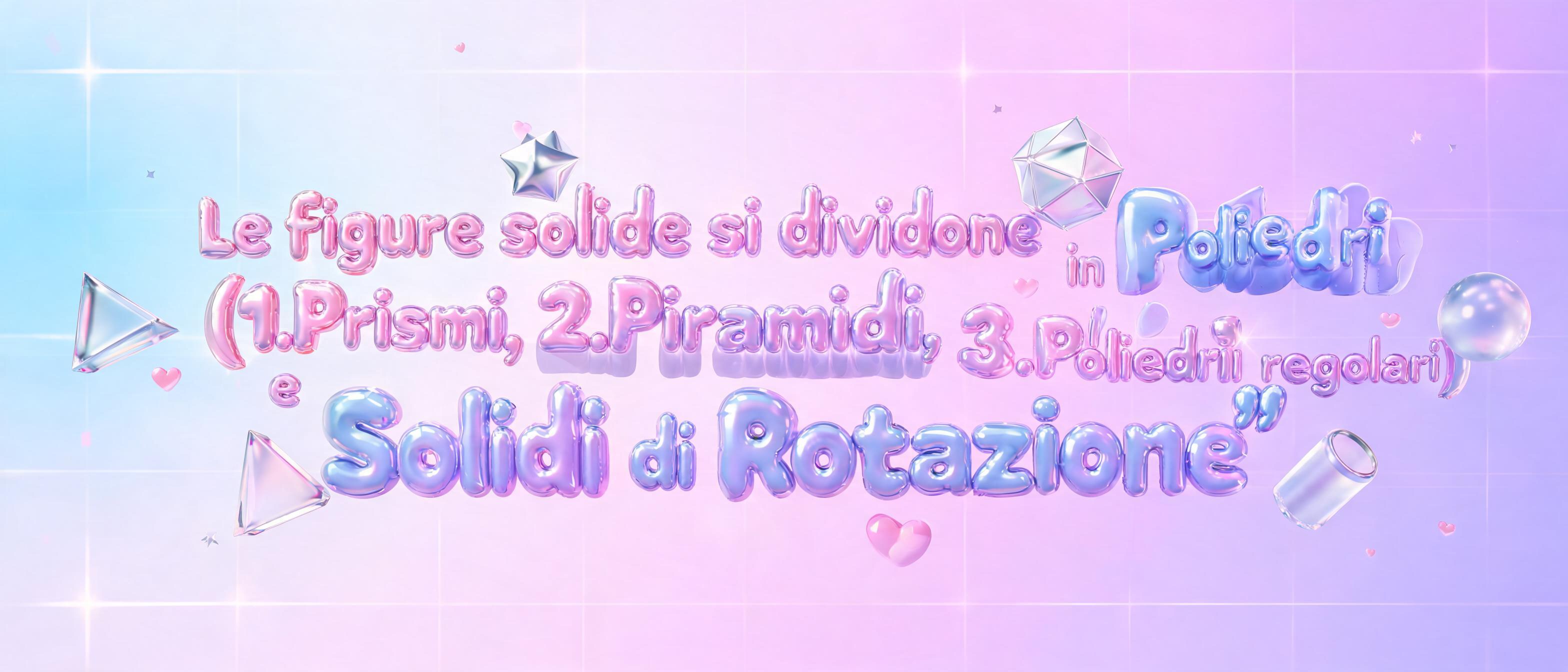 "Le figure solide si dividono in Poliedri (1.Prismi, 2.Piramidi, 3.Poliedri regolari) e Solidi di Rotazione'" — Y2k Bubbly | AI Text Effect Generator