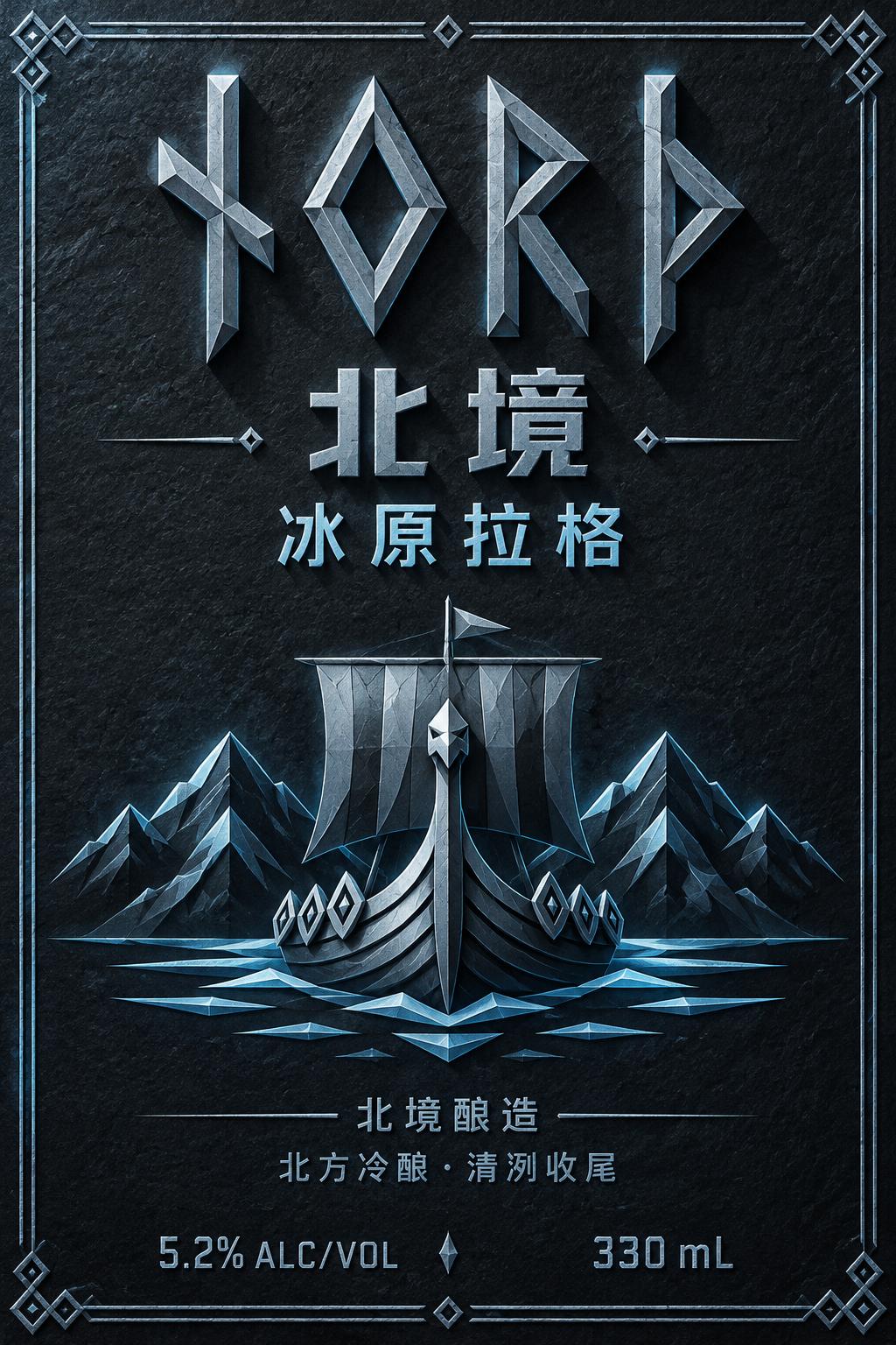 "ᚾᛟᚱᚦ
北境
冰原拉格
北境酿造
北方冷酿 · 清冽收尾
5.2% ALC/VOL
330 mL" — Viking Runic | AI Text Effect Generator