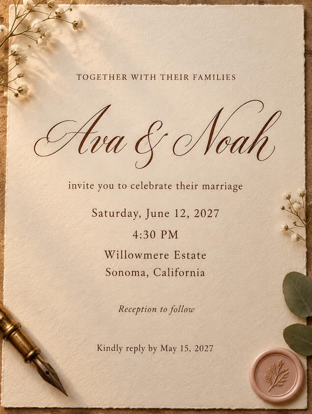 "TOGETHER WITH THEIR FAMILIES
Ava & Noah
invite you to celebrate their marriage
Saturday, June 12, 2027
4:30 PM
Willowmere Estate
Sonoma, California
Reception to follow
Kindly reply by May 15, 2027" — Handwritten Script | AI Text Effect Generator