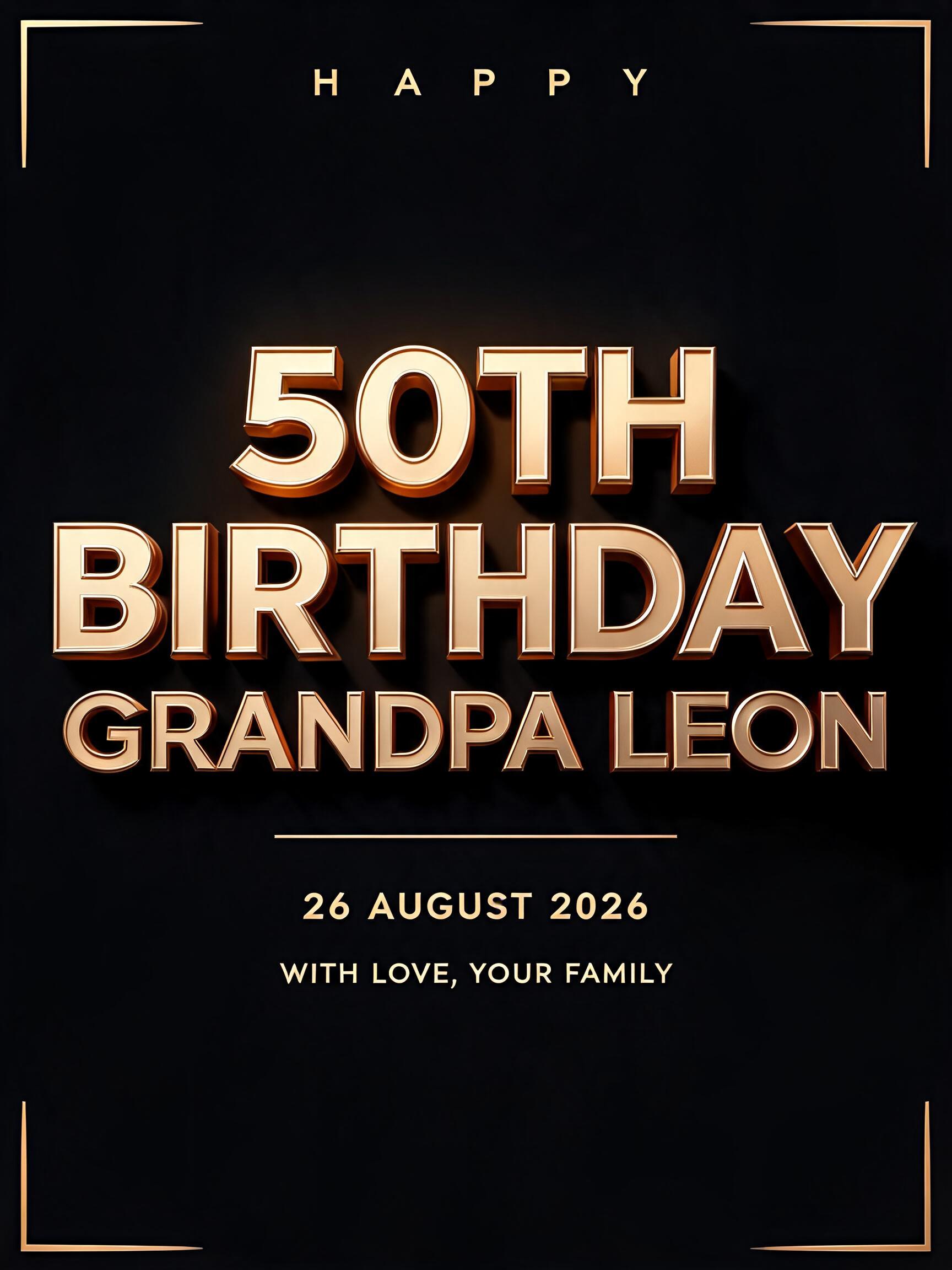 "I need a 50th birthday card for Grandpa Leon in luxury gold" — 3d Bold Gold text effect