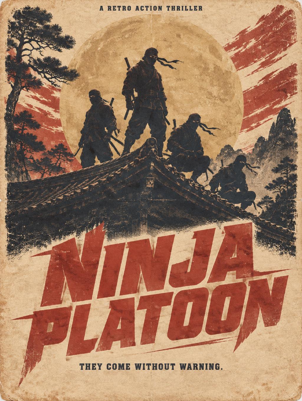 "NINJA PLATOON
A RETRO ACTION THRILLER
THEY COME WITHOUT WARNING." — Vintage | AI Text Effect Generator