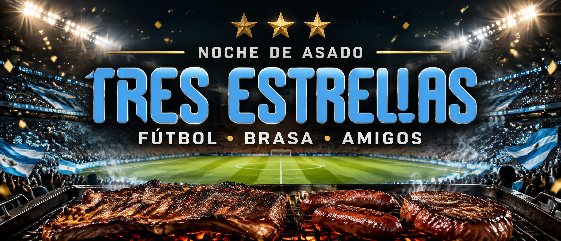 "TRES ESTRELLAS
NOCHE DE ASADO
FÚTBOL · BRASA · AMIGOS" — Sports Football | AI Text Effect Generator
