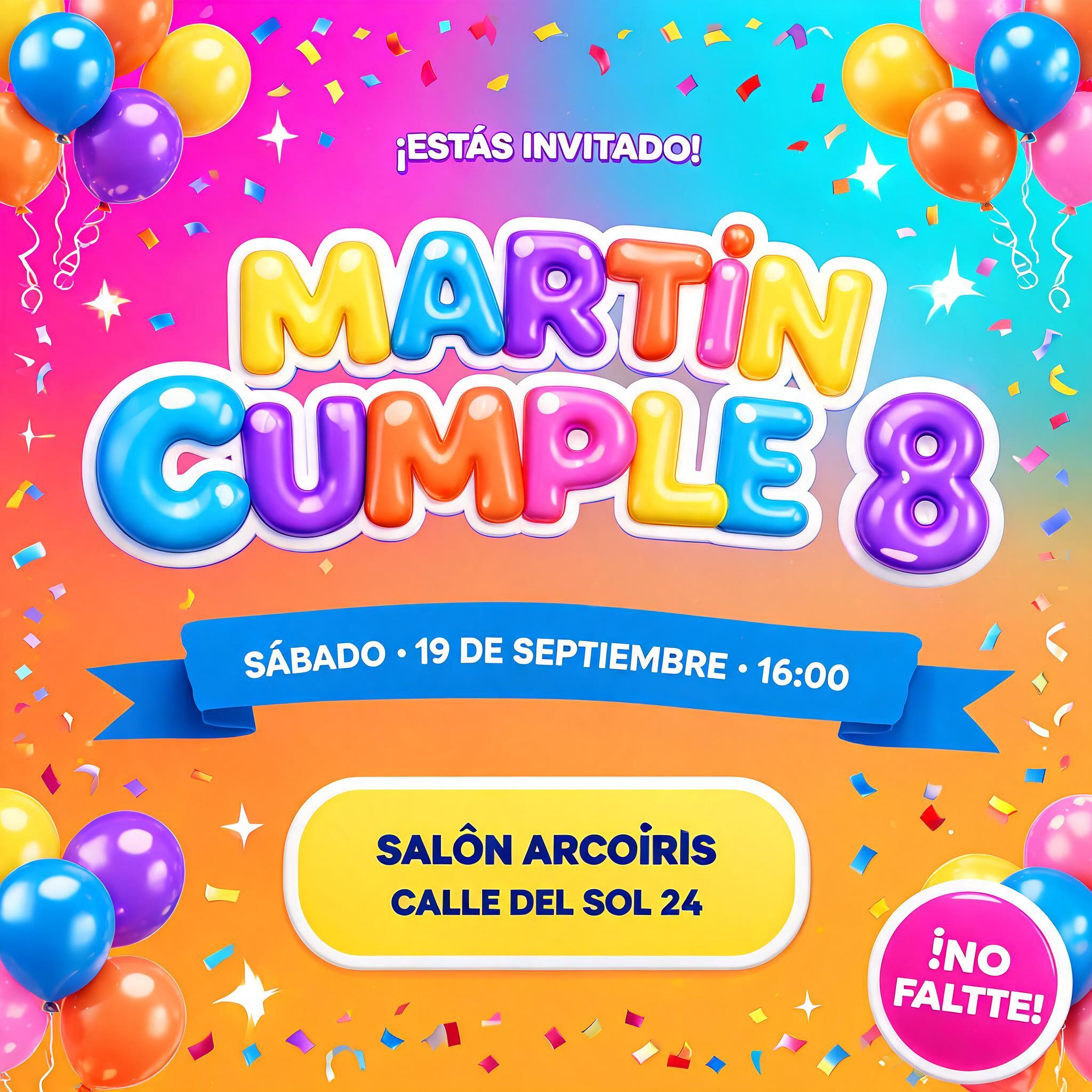 "MARTÍN
CUMPLE 8
¡ESTÁS INVITADO!
SÁBADO · 19 DE SEPTIEMBRE · 16:00
SALÓN ARCOÍRIS · CALLE DEL SOL 24
¡NO FALTES!" — Birthday text effect