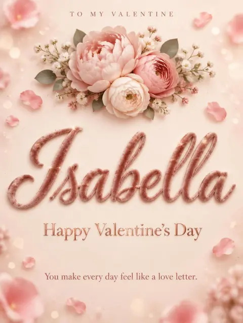 "Isabella
Happy Valentine's Day
You make every day feel like a love letter.
TO MY VALENTINE" — Romantic Her text effect