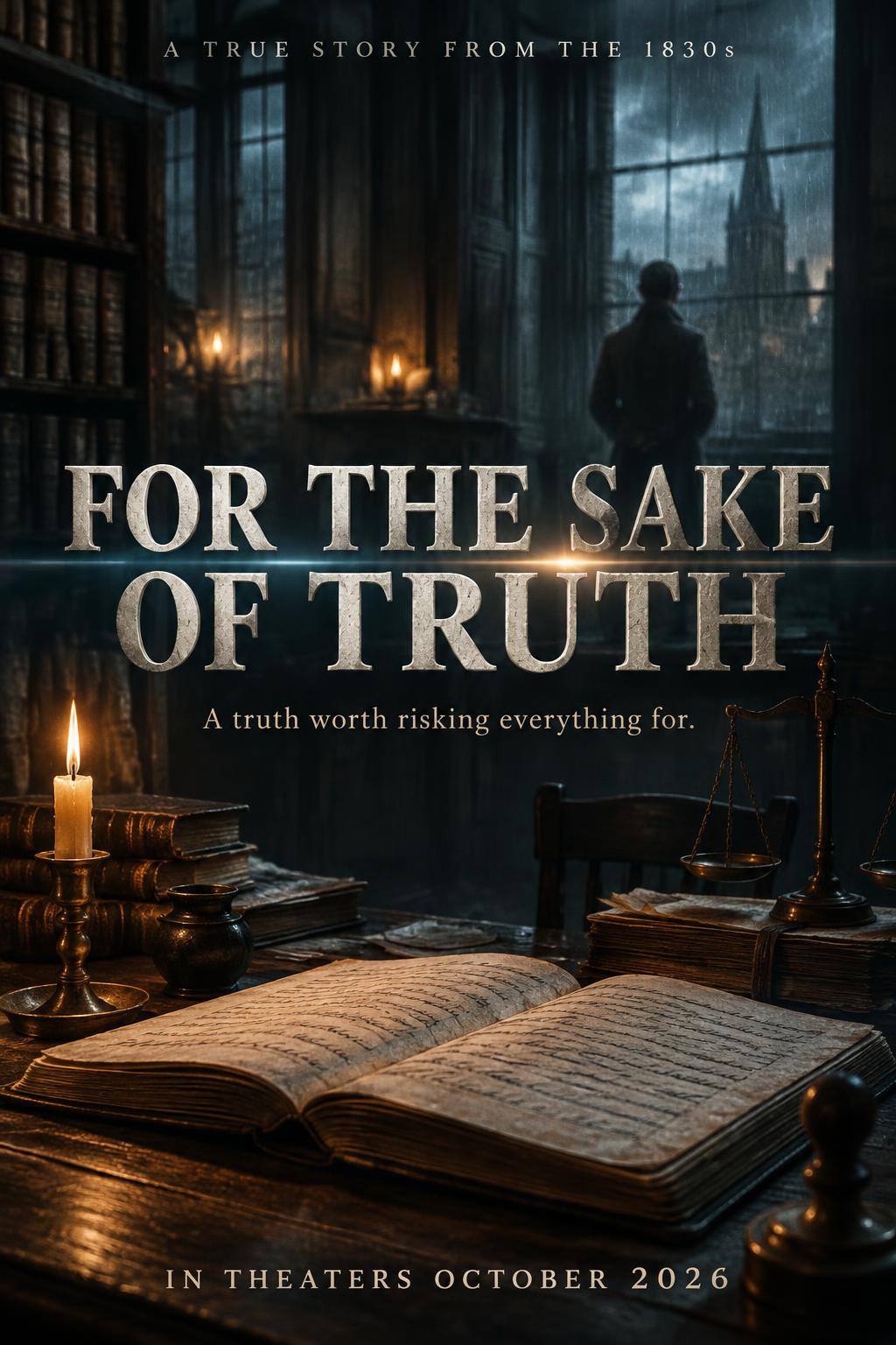 "FOR THE SAKE OF TRUTH
A TRUE STORY FROM THE 1830s
A truth worth risking everything for.
IN THEATERS OCTOBER 2026" — Cinematic Netflix | AI Text Effect Generator